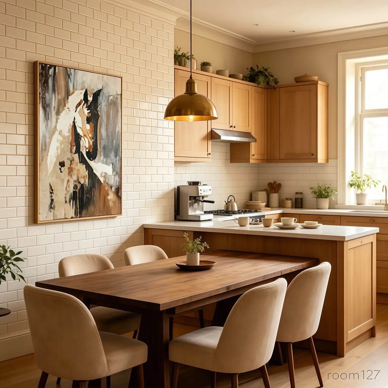 Horse textured painting in dining area, wall decor styling reference for wooden kitchen interior