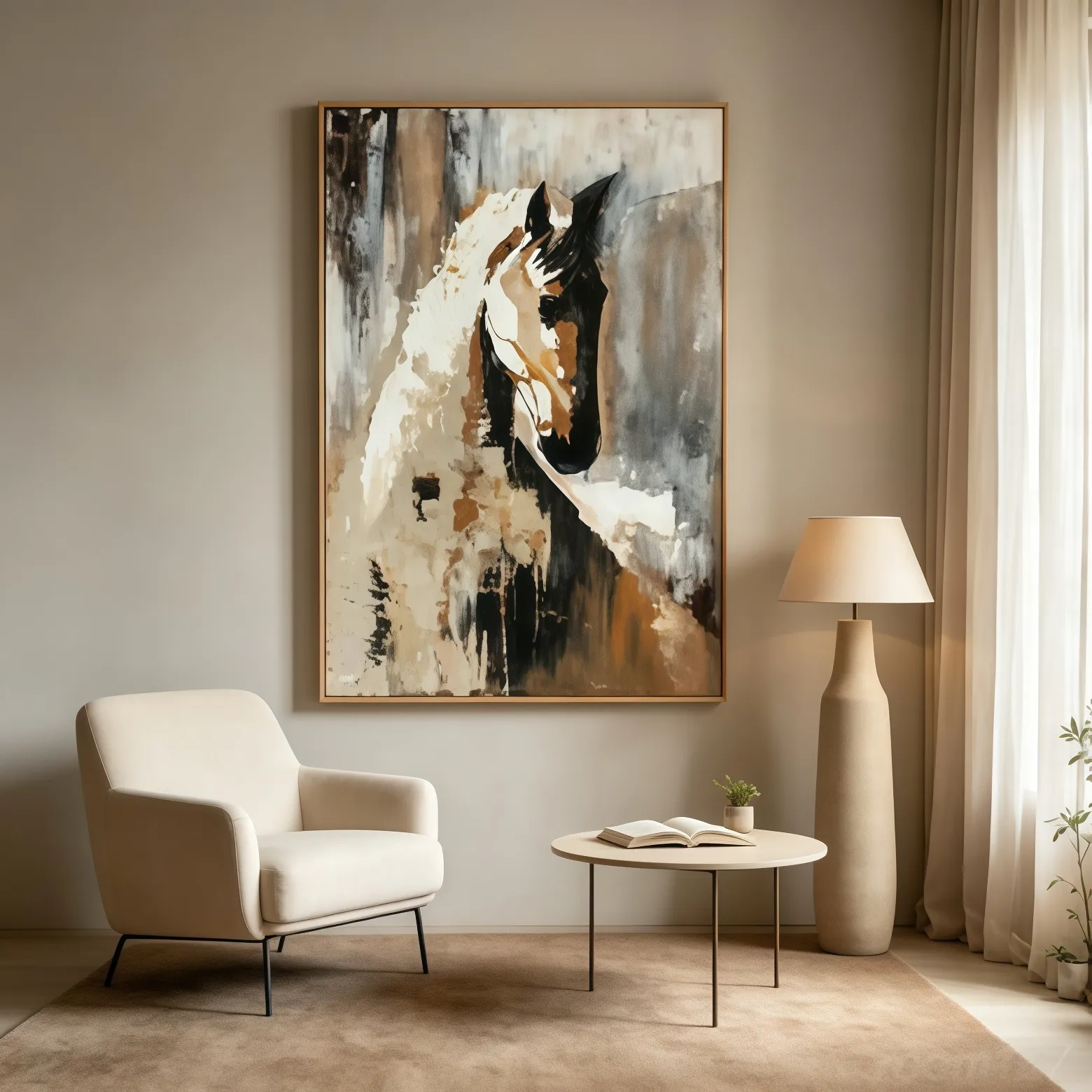 Textured horse oil painting with accent chair, wabi-sabi living room interior, impasto hand-painted wall art display