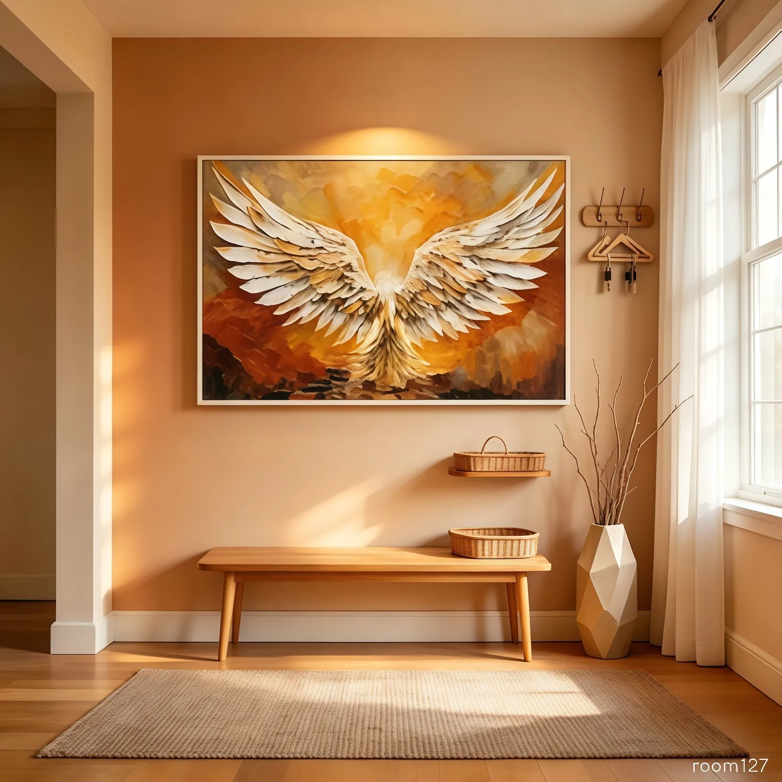 Phoenix canvas on beige foyer wall, styling match with natural timber furniture