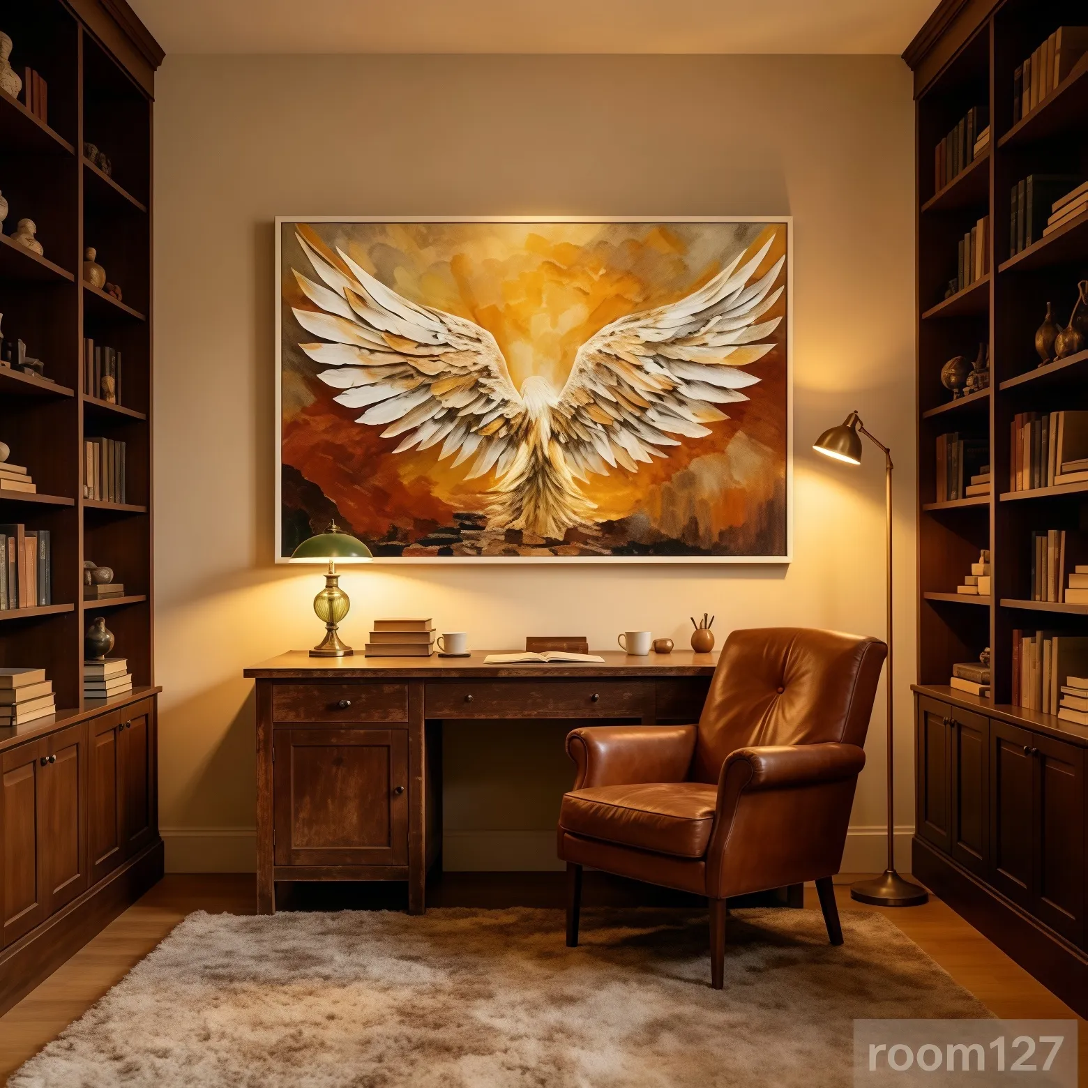 Rising phoenix art in home office, inspirational wall decor behind work desk