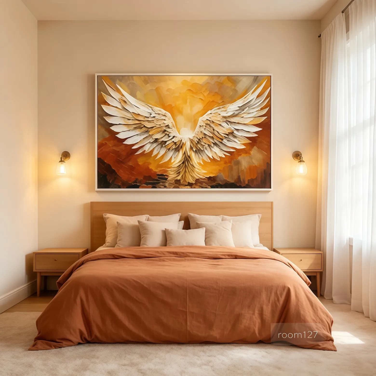 Horizontal phoenix artwork above bed, cozy bedroom interior styling reference
