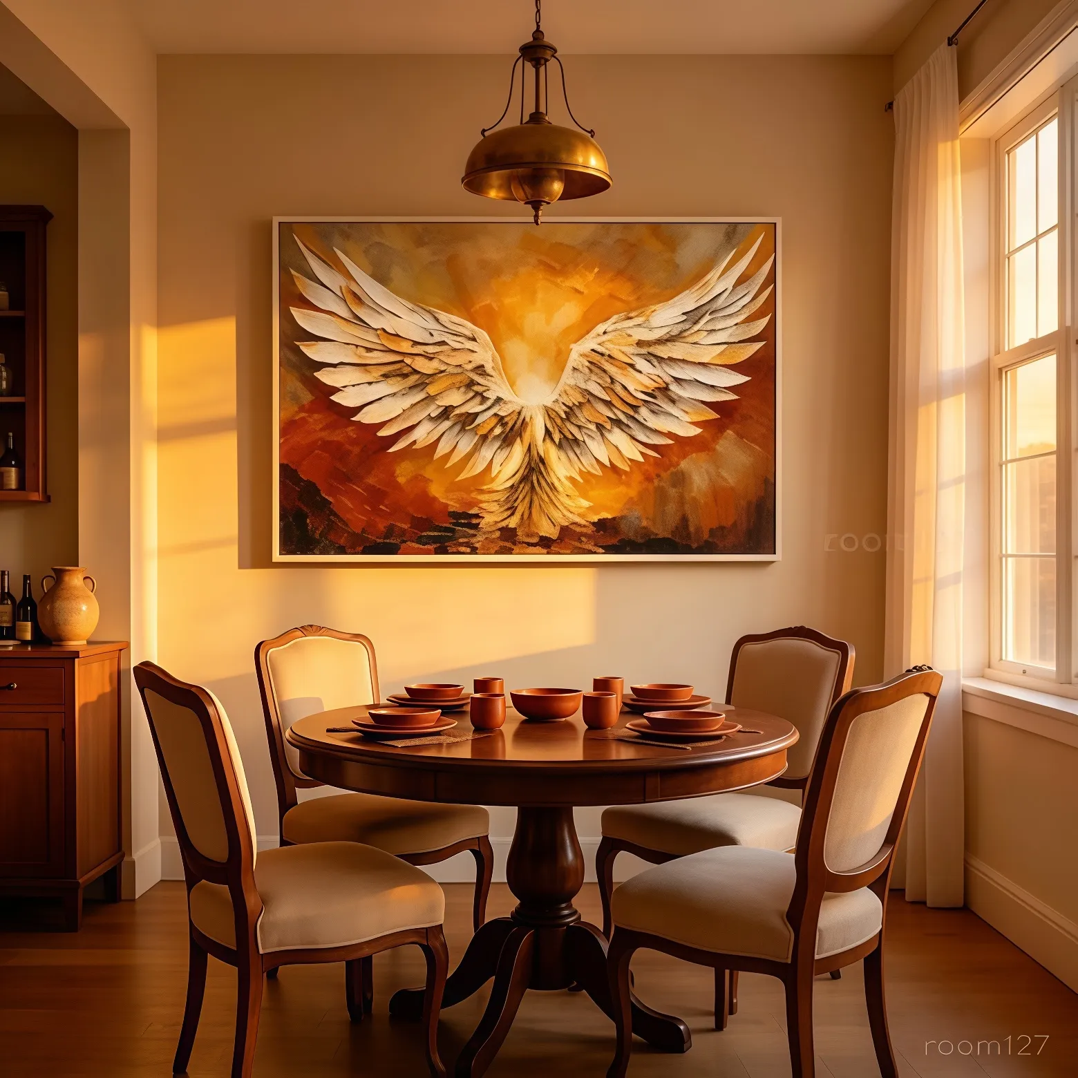 Phoenix painting in american dining room, wall art matching wooden dining furniture