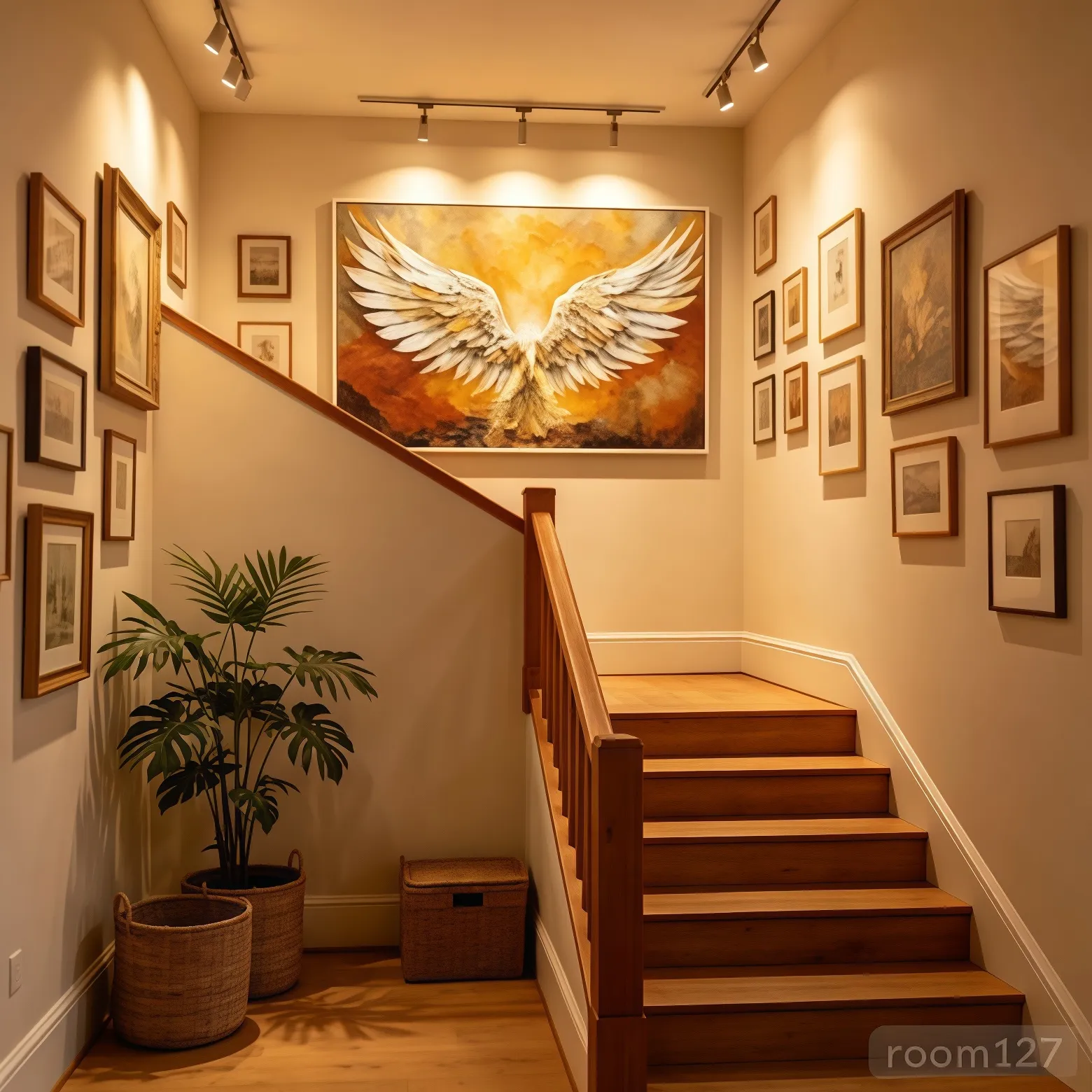 Large canvas hung on stair landing, hallway wall decor layout inspiration