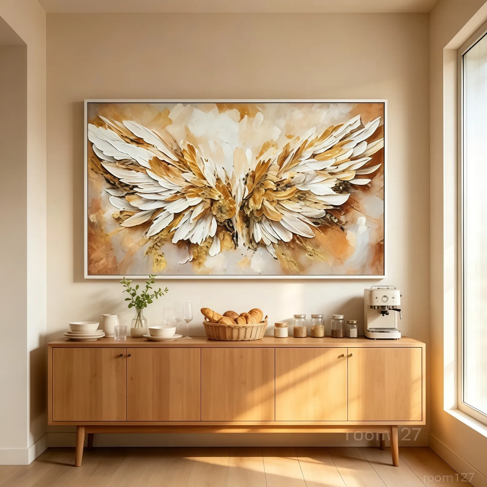 Hand-painted angel wing impasto canvas above wooden sideboard, cream home interior