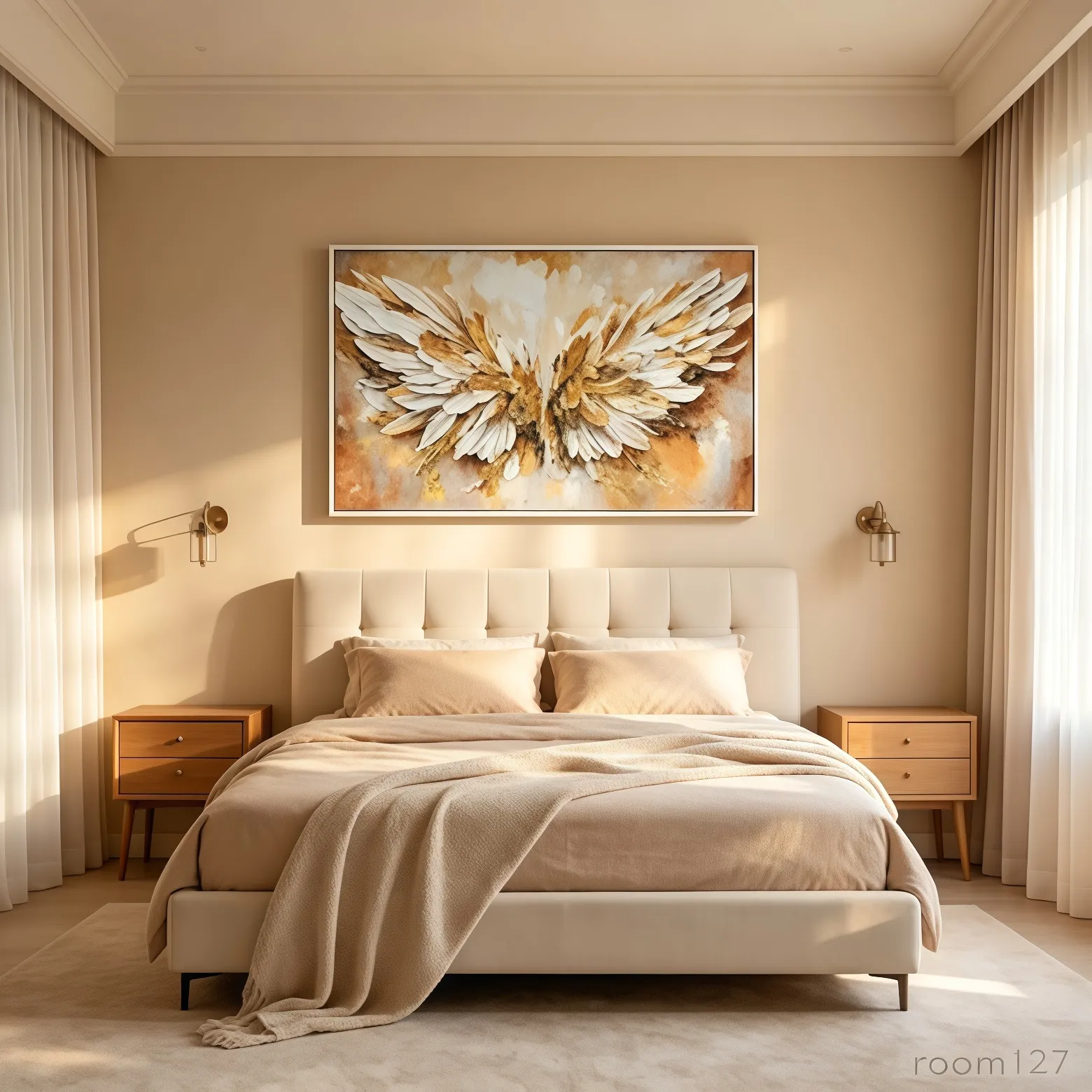 Warm tone wing canvas above bed, cozy bedroom wall styling