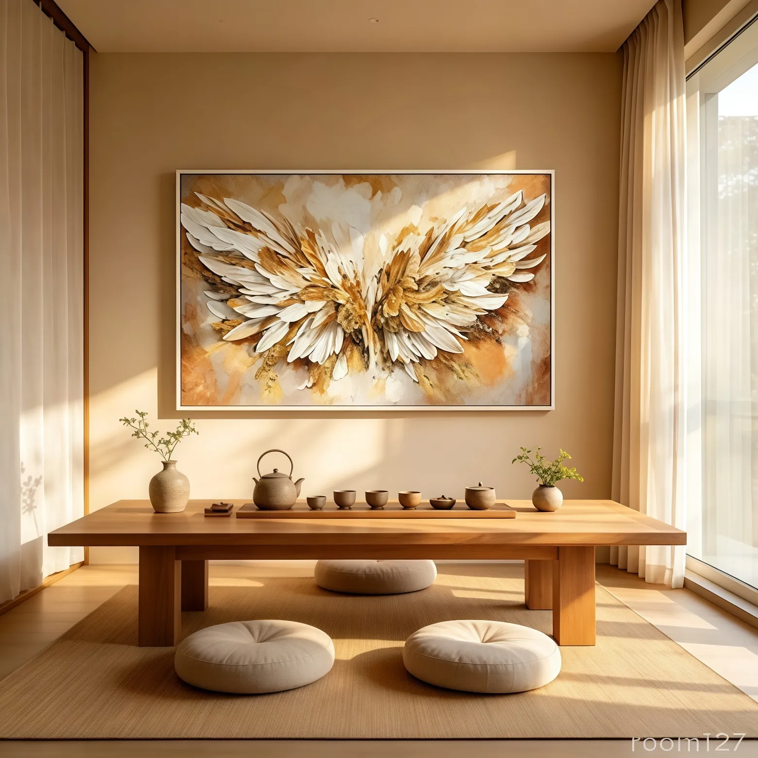 Textured wing canvas decoration for minimalist wooden tea lounge