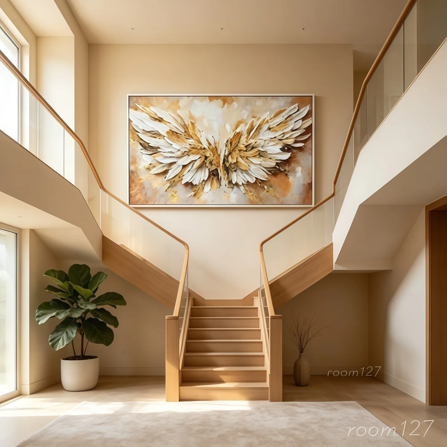 Large horizontal wing painting on empty stair landing duplex interior