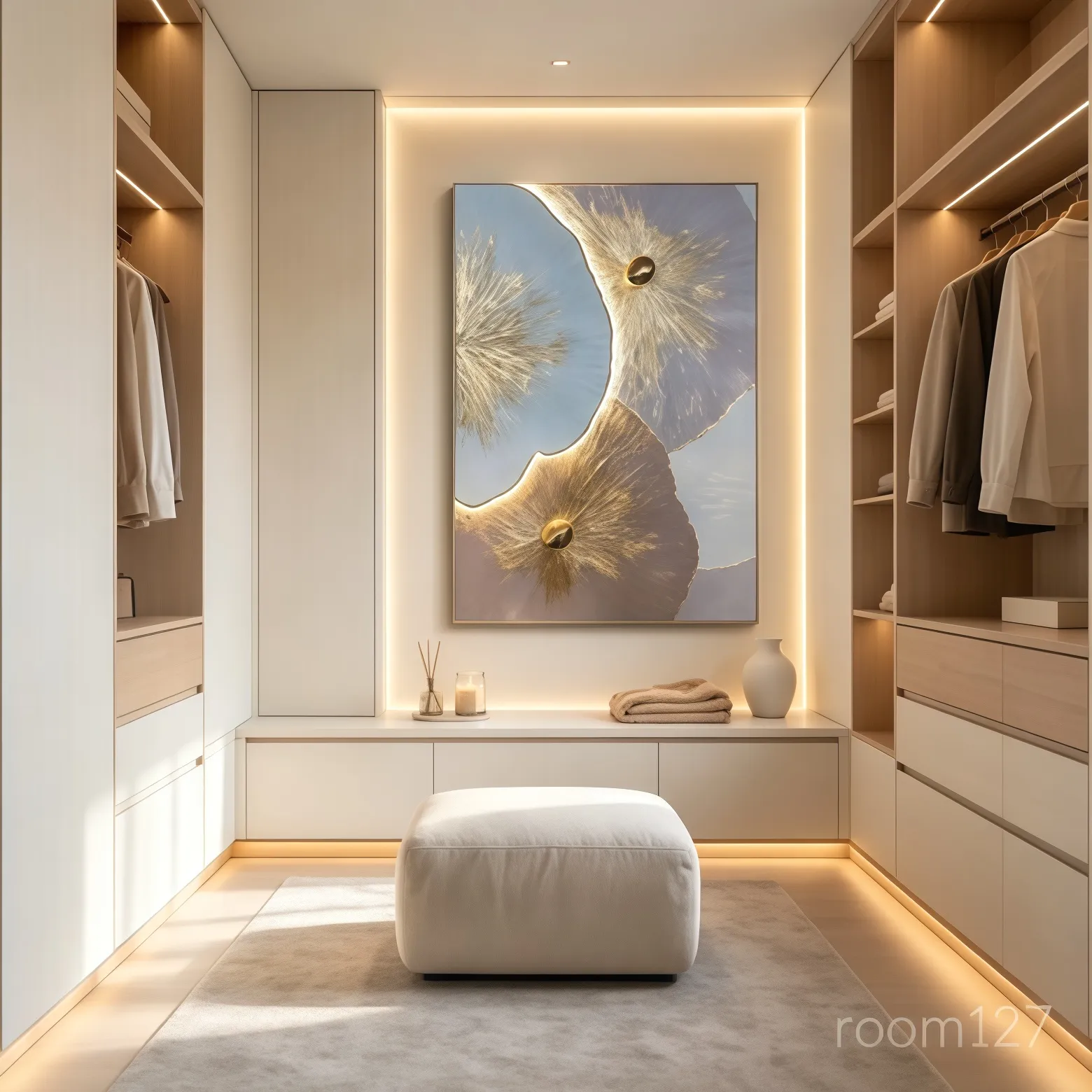 Custom vertical glowing lotus canvas for minimalist walk-in closet