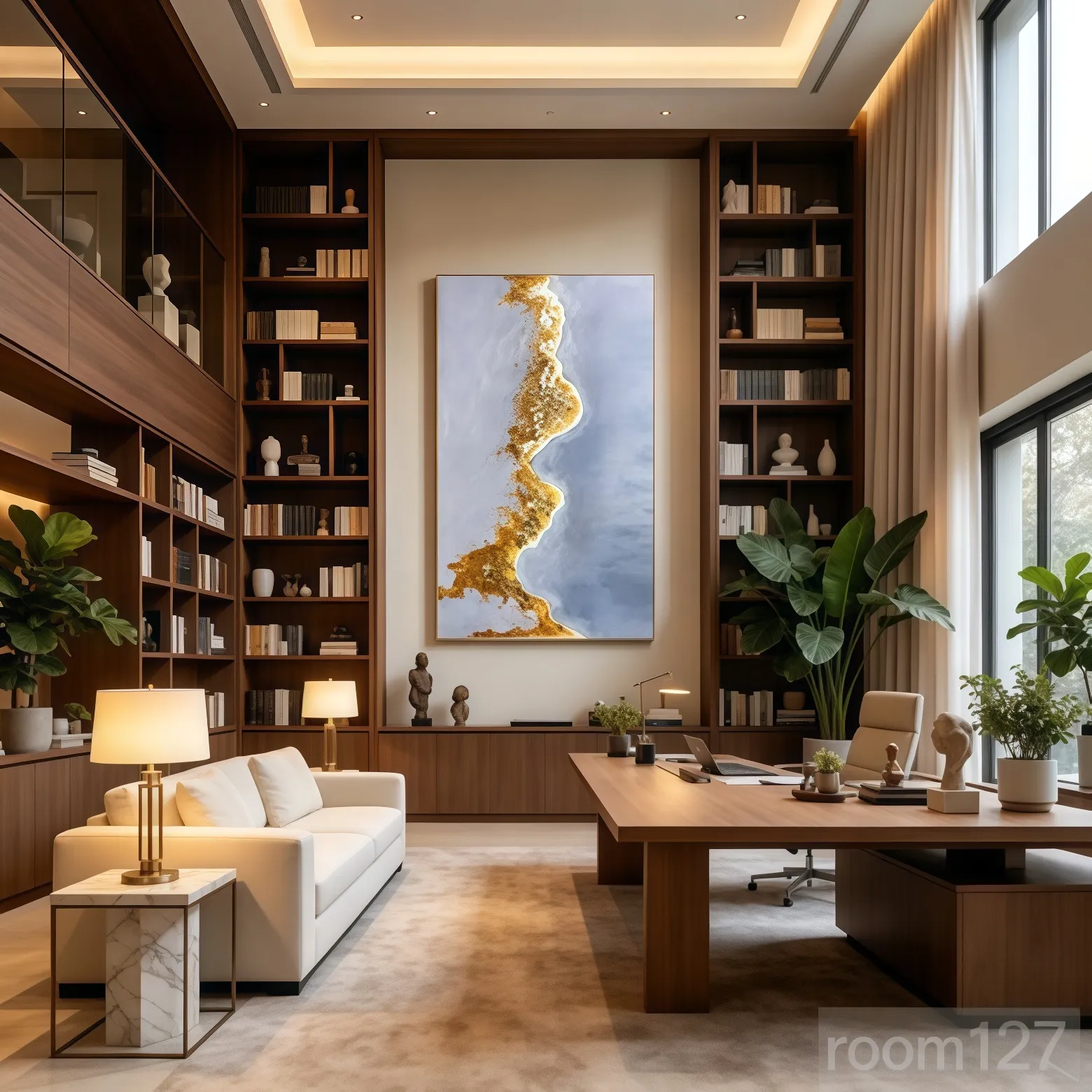 Lighted 3D gold foil river relief painting decorated in modern executive office