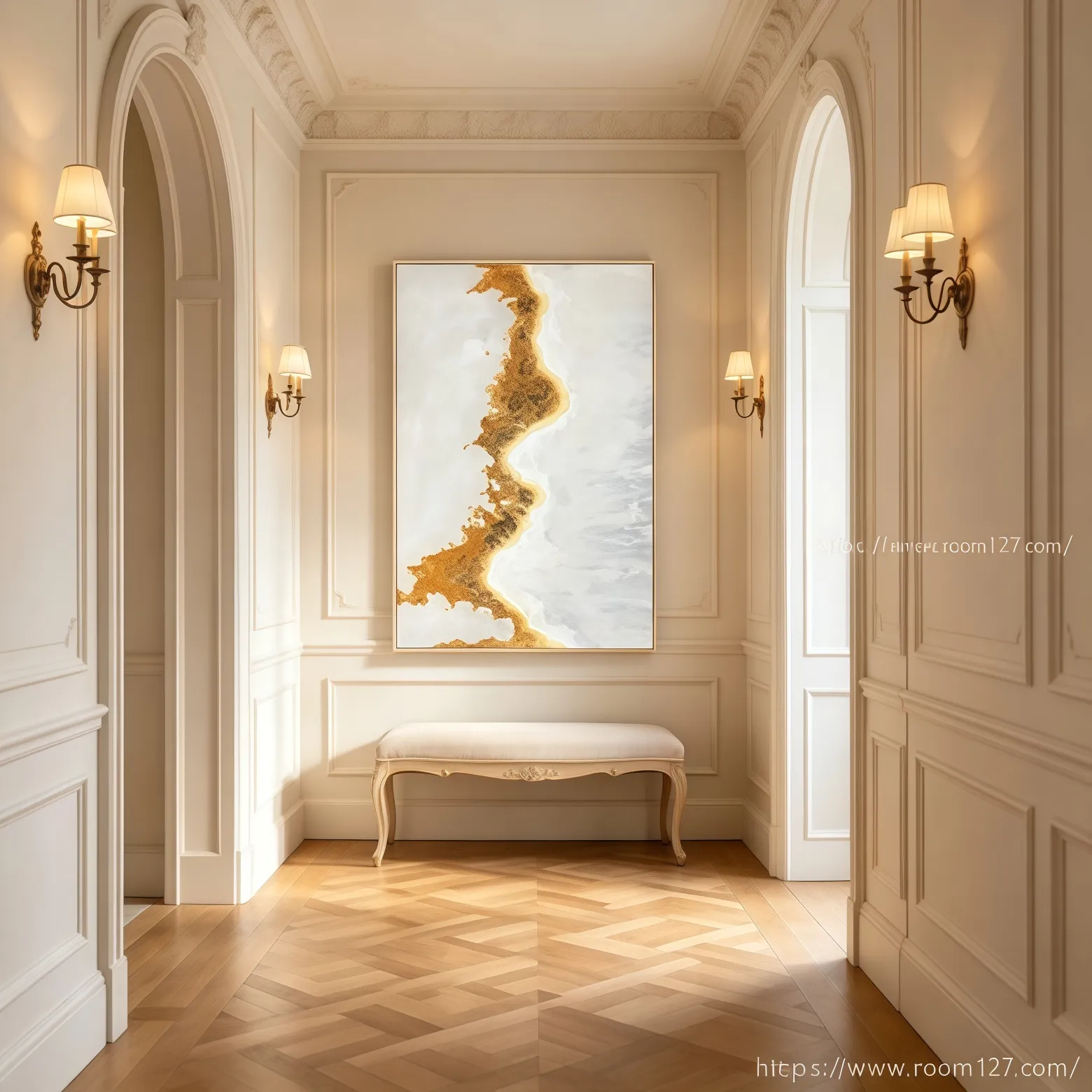 3D golden river textured oil painting displayed in entryway, light effect wall decor