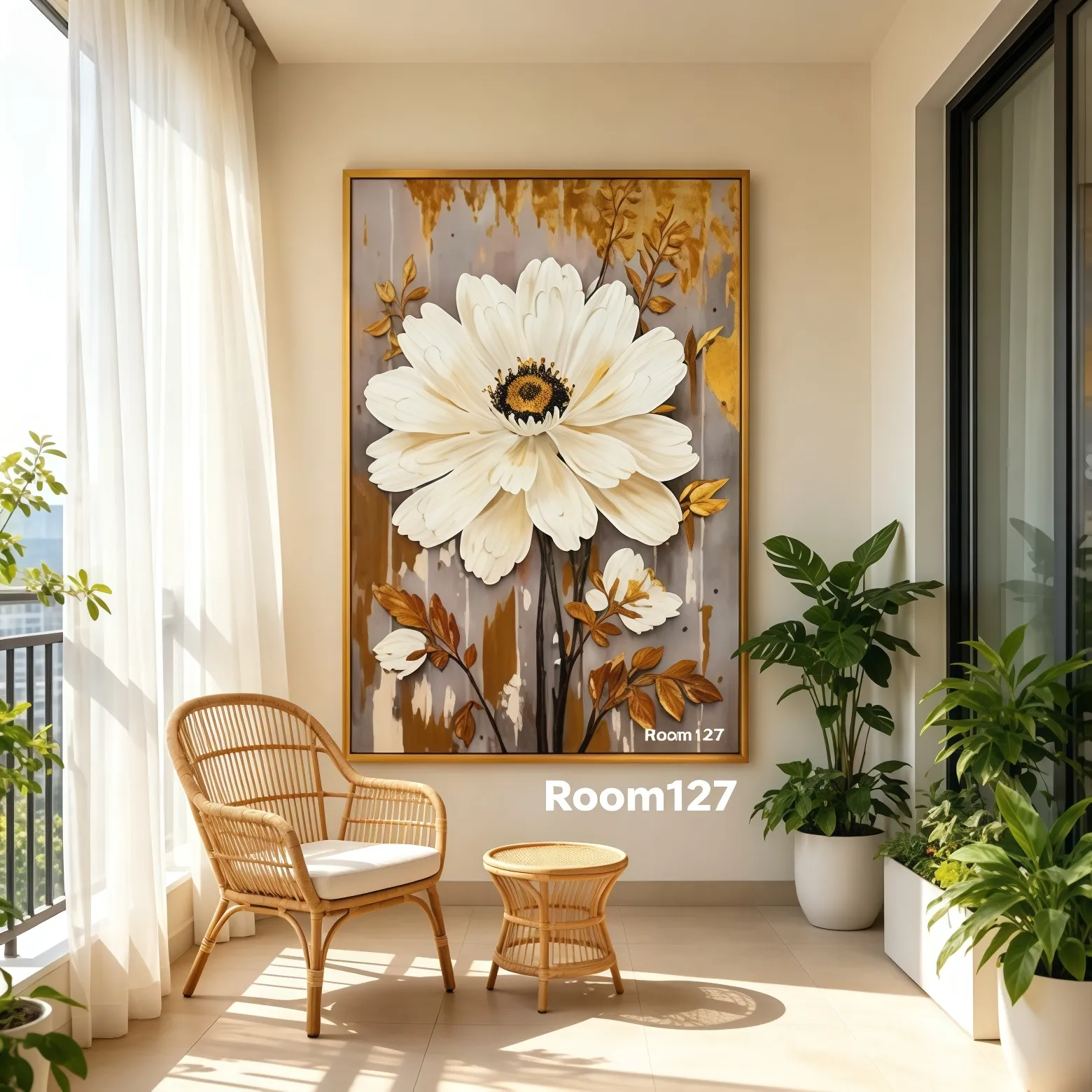 Floral painting displayed on balcony with rattan furniture