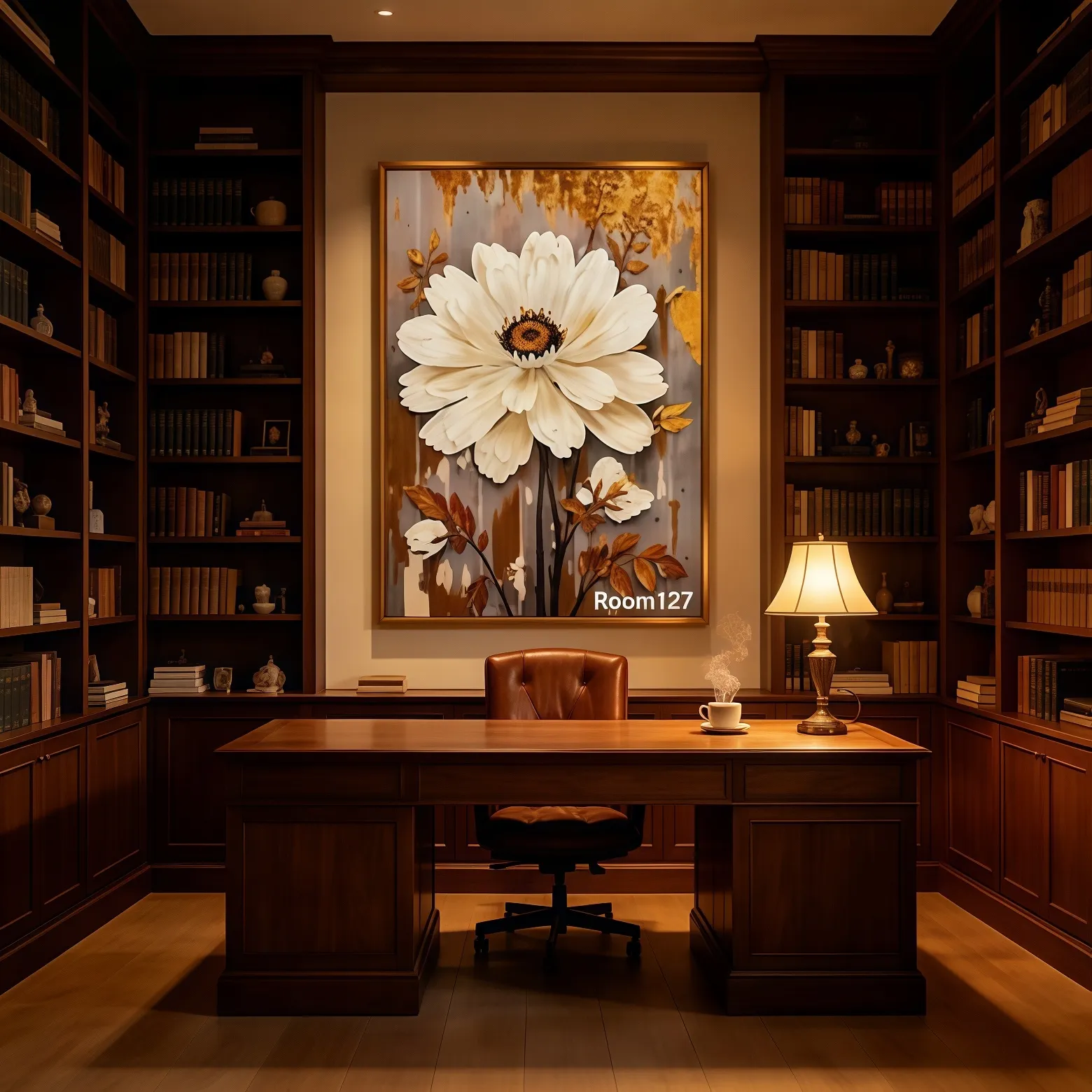 Vintage floral wall art in dark wood home study office