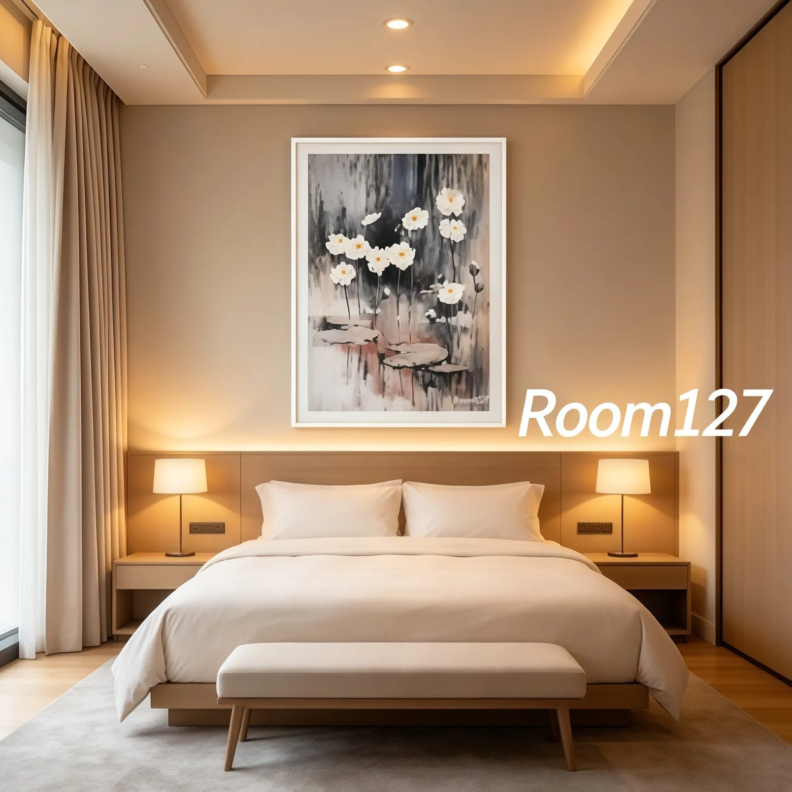 Vertical lotus wall art above bed in contemporary hotel bedroom