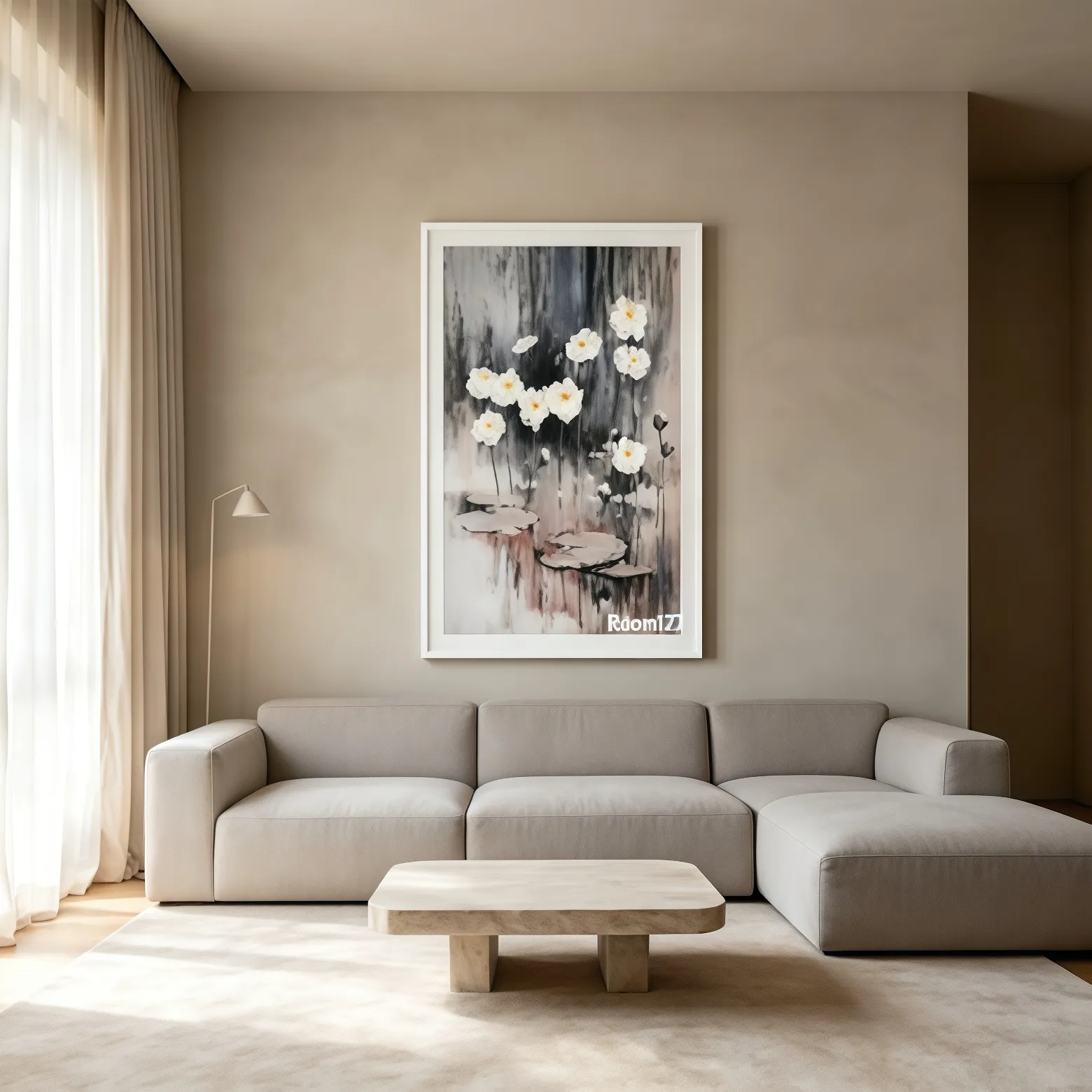 Light asian lotus canvas above modular sofa in minimalist living room