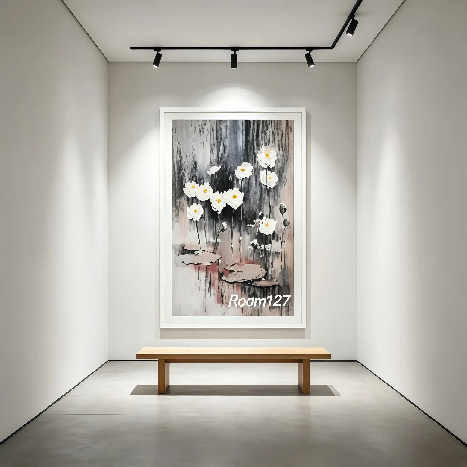 Lotus oil art piece exhibited under spotlights in gallery‑style room