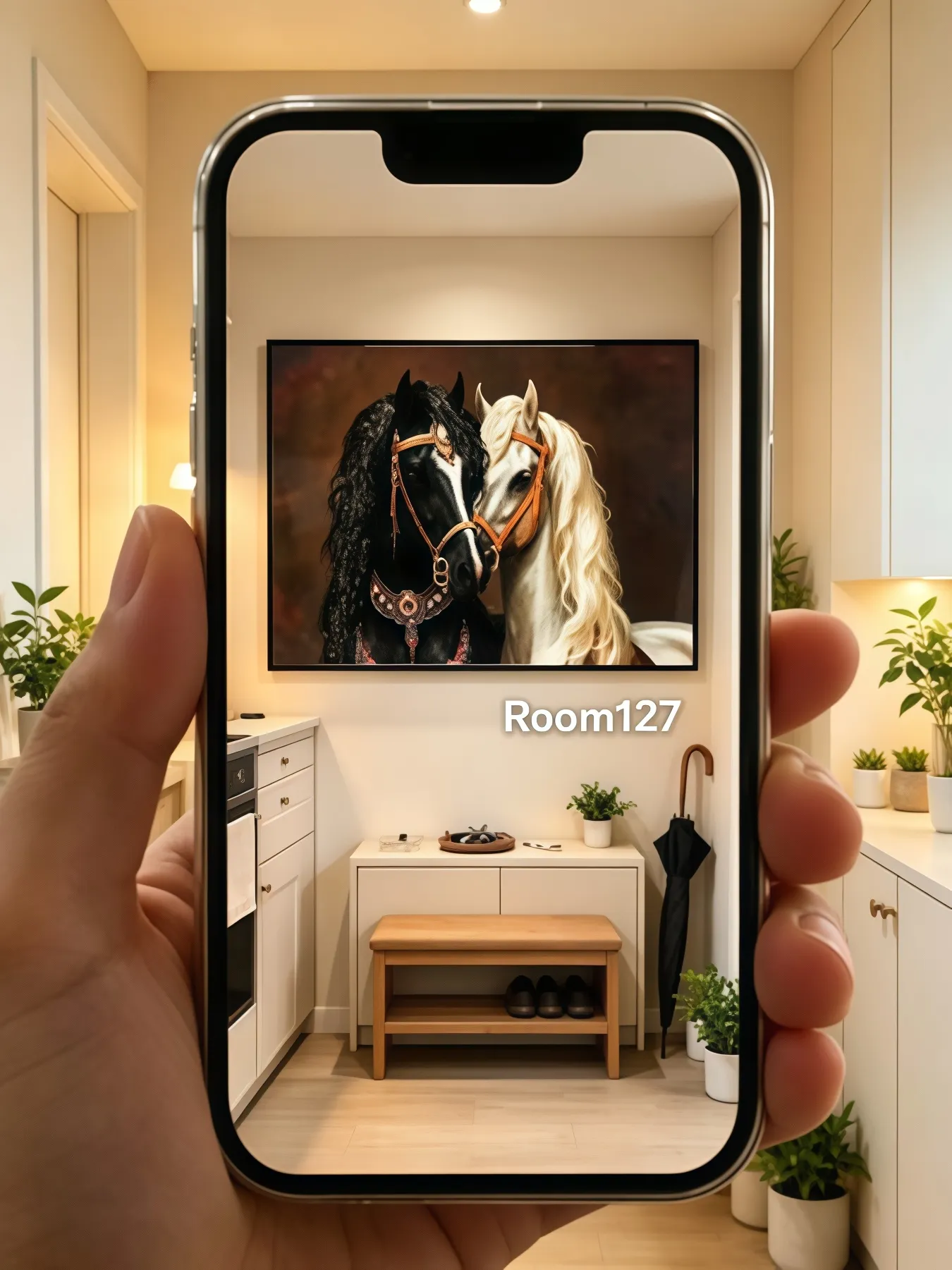 A hand holding a smartphone displays a black and white horse painting with crystal bridle details, shown virtually placed above a light wood bench in a bright modern entryway with white cabinetry and potted plants. 