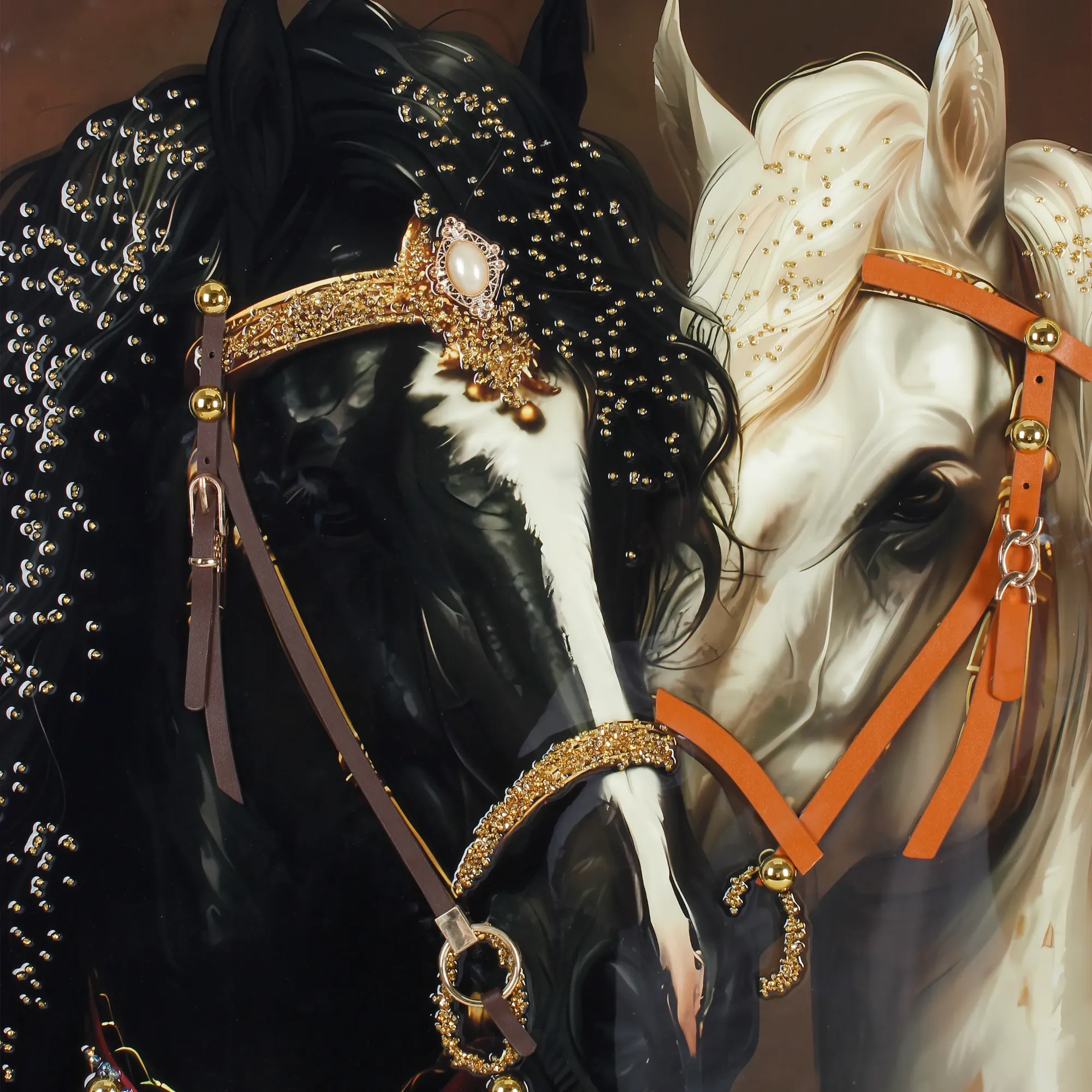  Medium close-up of two horses — one black with a white blaze, one white — nuzzling together face-to-face. Both wear ornate crystal and gold bridles with leather straps. Gold rhinestones are scattered through both manes. Warm brown background.