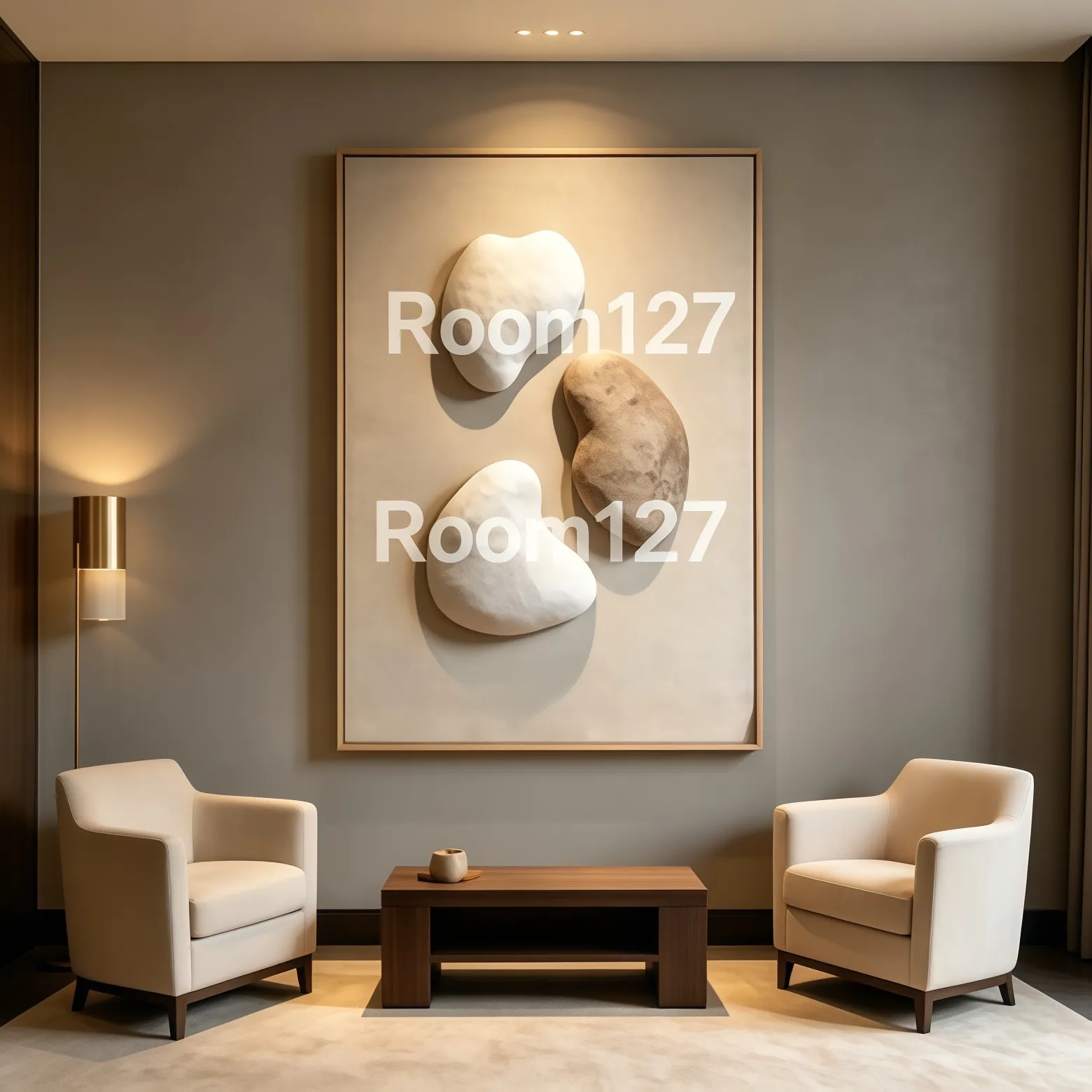 Hotel reception &amp; negotiation zone. Dark grey matte wall with warm wall lamp accent lighting. Coordinated armchairs and coffee table. This 3D artwork upgrades the premium feeling for business hotels and club lounges, a popular real‑project solution.