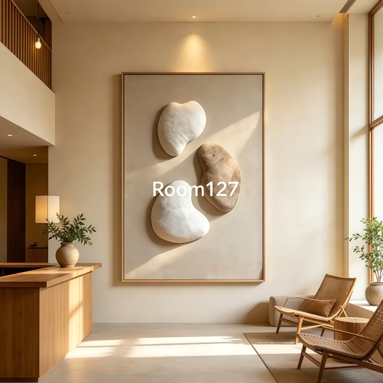 High‑ceiling hotel lobby reception area. Ample natural daylight. Textured wall art balances large blank wall surfaces and brings soft artistic atmosphere to front‑desk zones.