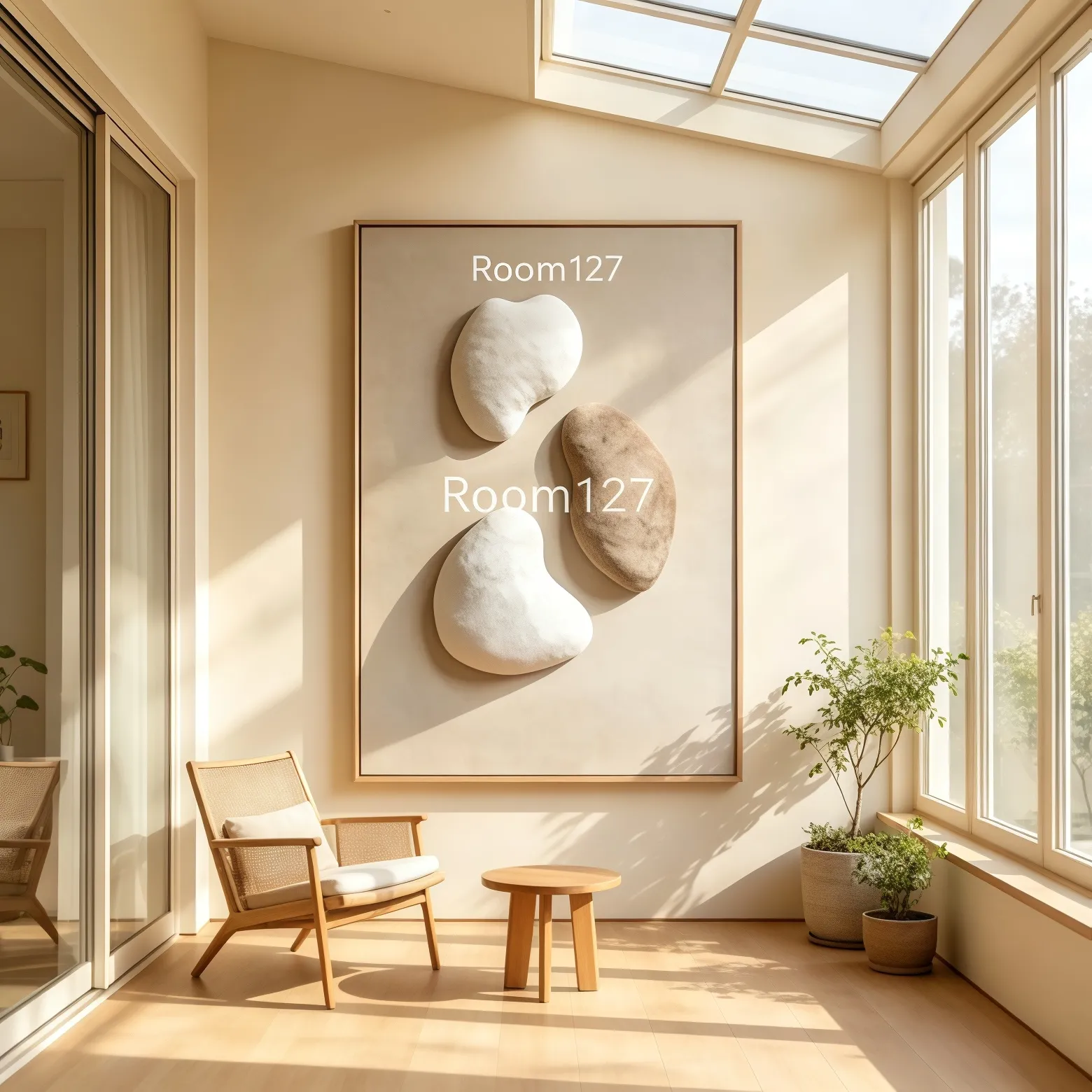 Sunroom installation scene. Natural side light casts rich shadows on sculptured wall art. Paired with solid‑wood furniture and green plants to build a relaxing lounge corner. Suitable for private residences and boutique hotel suites.