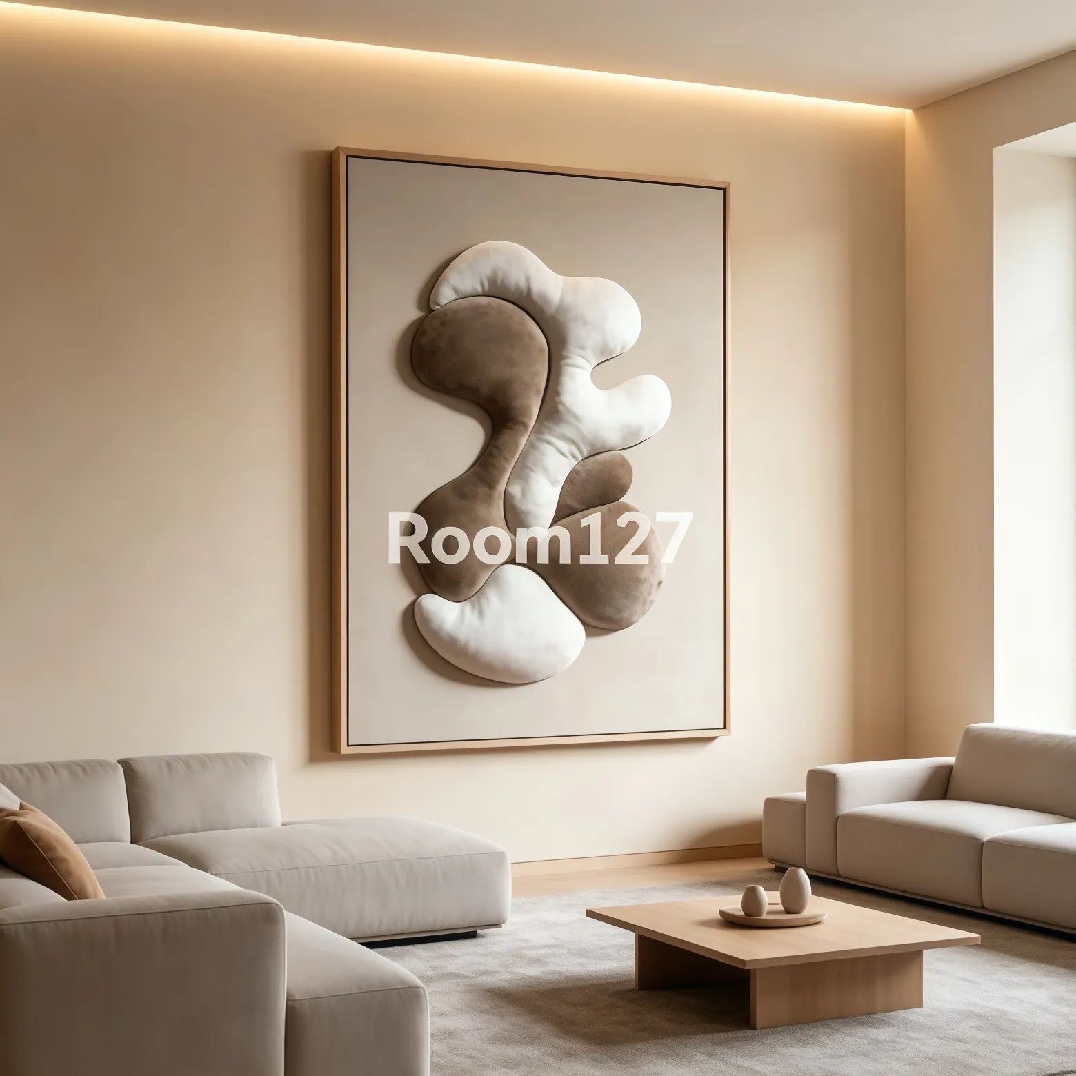  Minimalist large‑apartment living‑room scene. Plain light‑beige wall under no‑main‑light magnetic lighting system. Upholstered art matches modular light‑colored sofas with unified color palette, perfect for large modern residences.