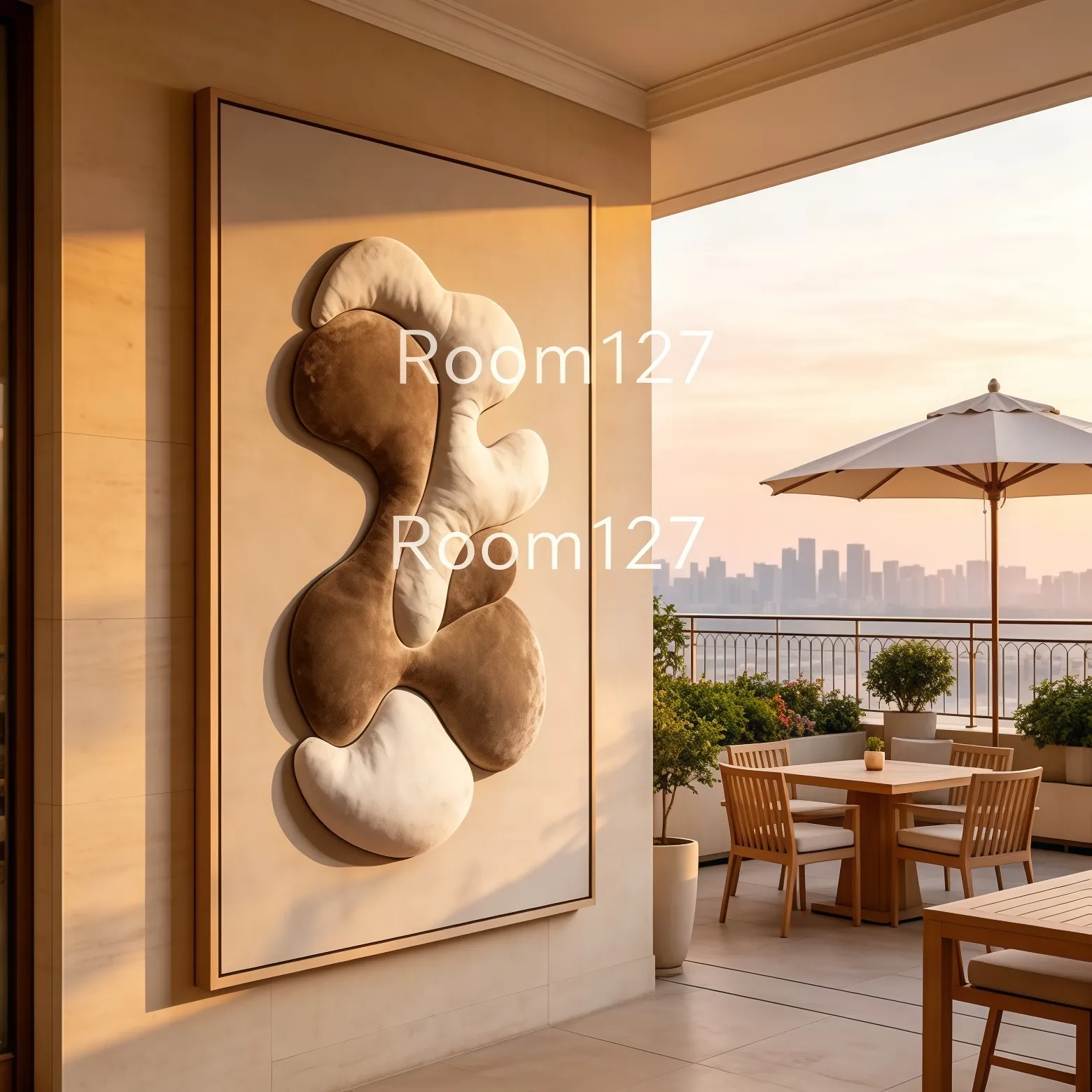 Balcony terrace setting. Semi‑covered outdoor terrace under sunset warm light. Note: this artwork is indoor‑grade, only for sheltered balcony, cannot be exposed to direct rain or harsh sunlight.