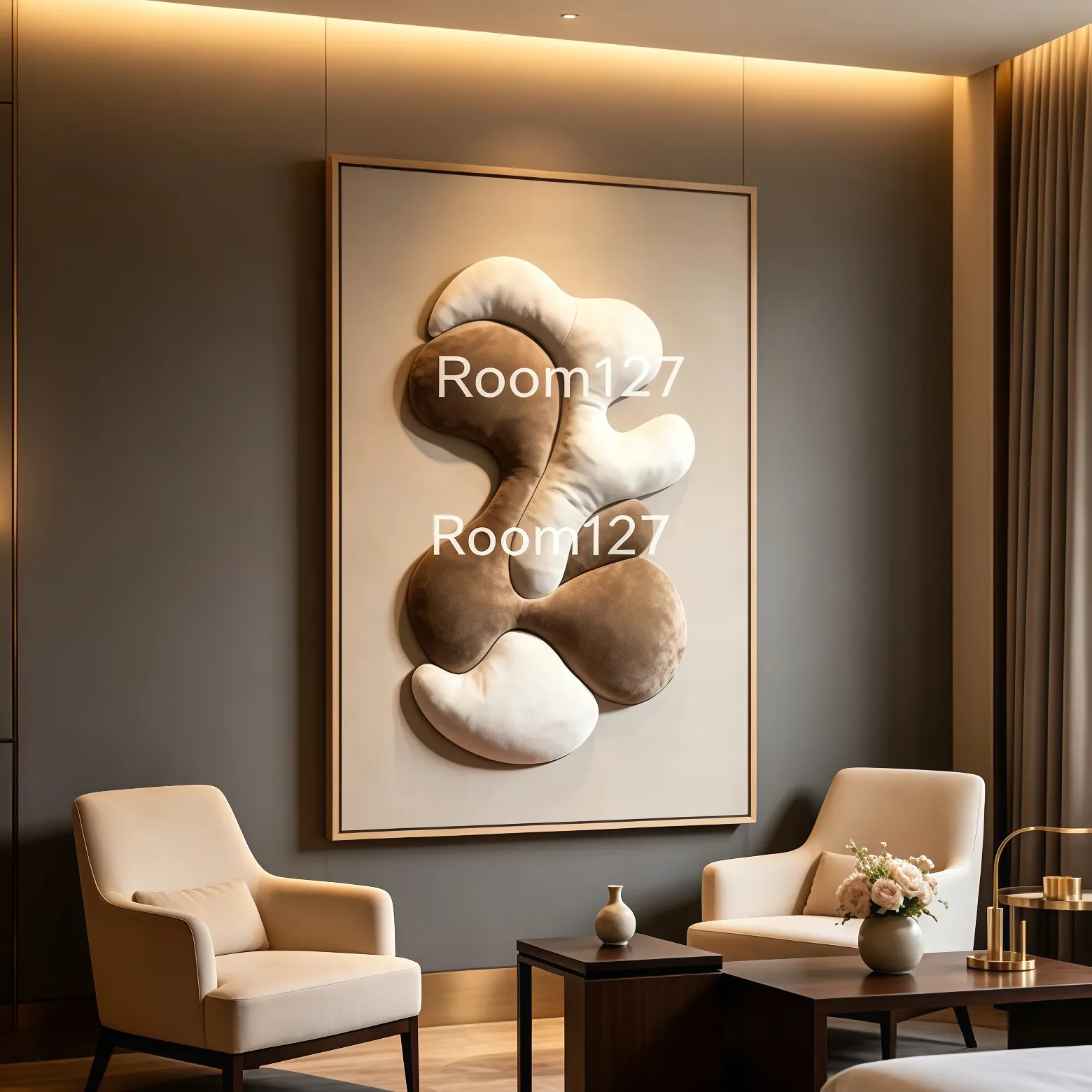 Real‑scene modern wabi‑sabi living room. 3D upholstered abstract wall art with slim light‑wood frame mounted on micro‑cement texture wall, paired with curved cream‑fabric sofa. Soft curved elements echo each other, classic display solution for residential living rooms.