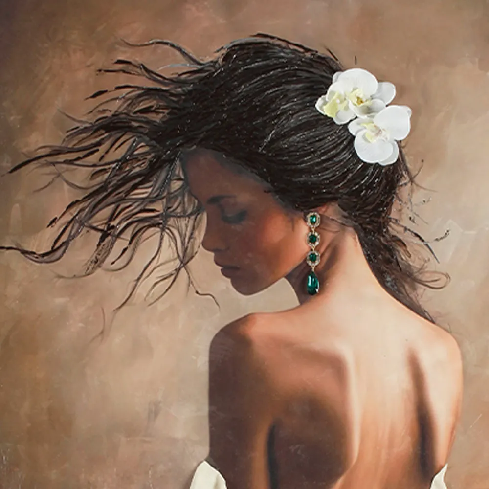 Painting close‑up, flowing dark hair, white orchid hair decoration, emerald drop earring detail