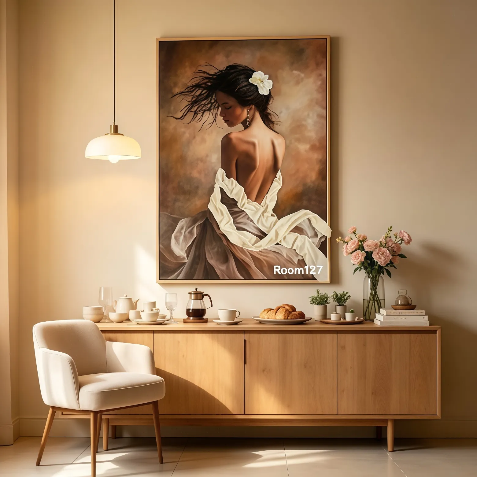 Cozy home living room, vintage portrait wall decor, floor lamp and green plants under soft natural light
