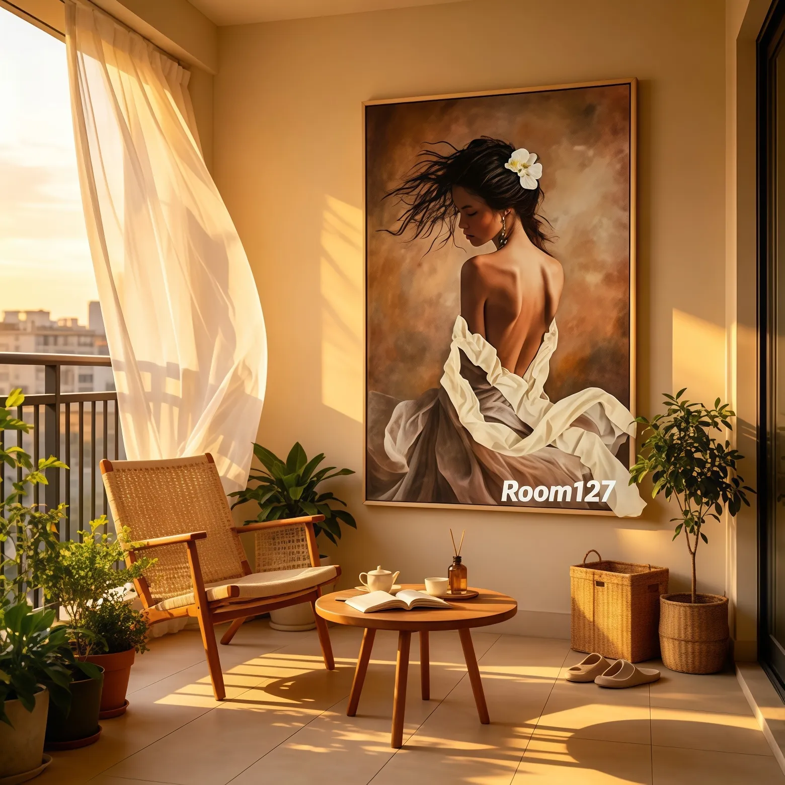 Balcony sunset scene, vintage portrait wall art, rattan furniture, warm dusk golden lighting