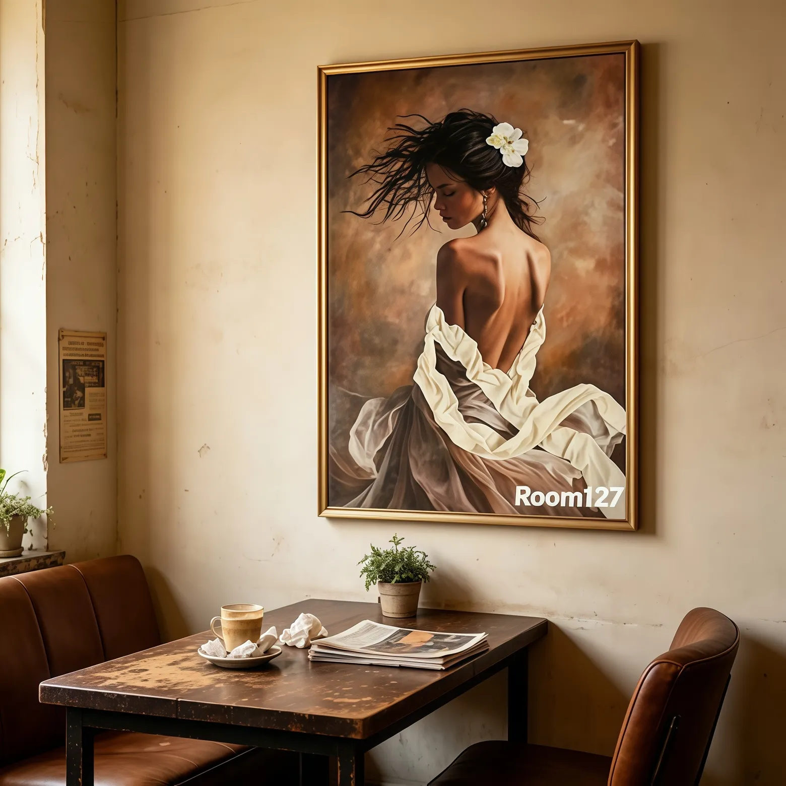 New arrival vintage lady portrait oil painting, gold frame, real scene on cafe wall with wooden table deco