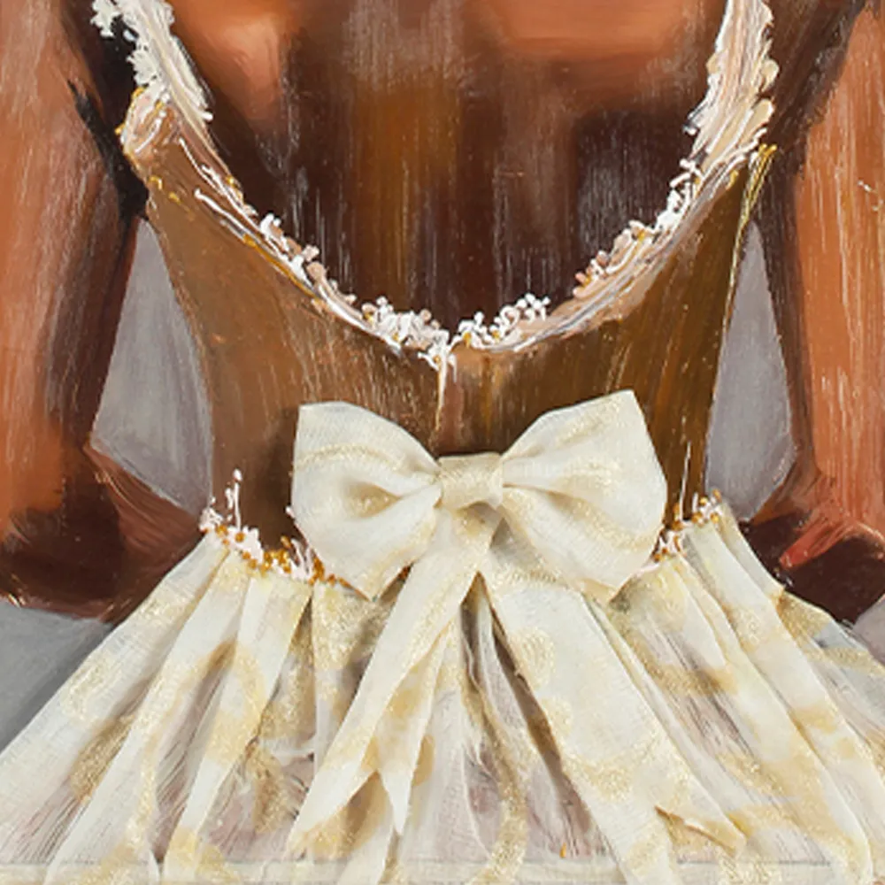 Close‑up detail of ballet oil painting, cream bow on dress back, lace trim and textured paint strokes