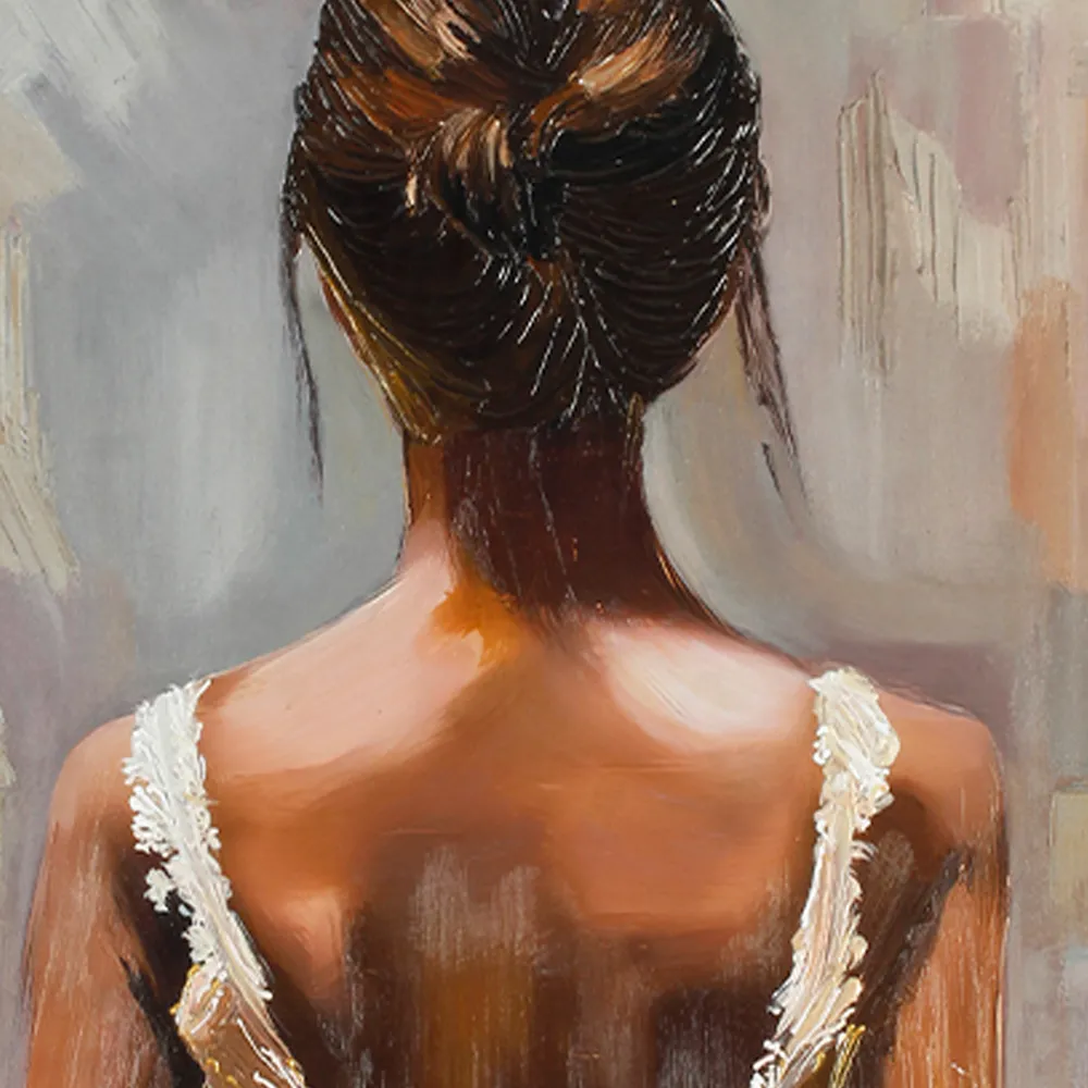 Painting close‑up of girl’s updo hairstyle, back of head, textured brushwork for hair
