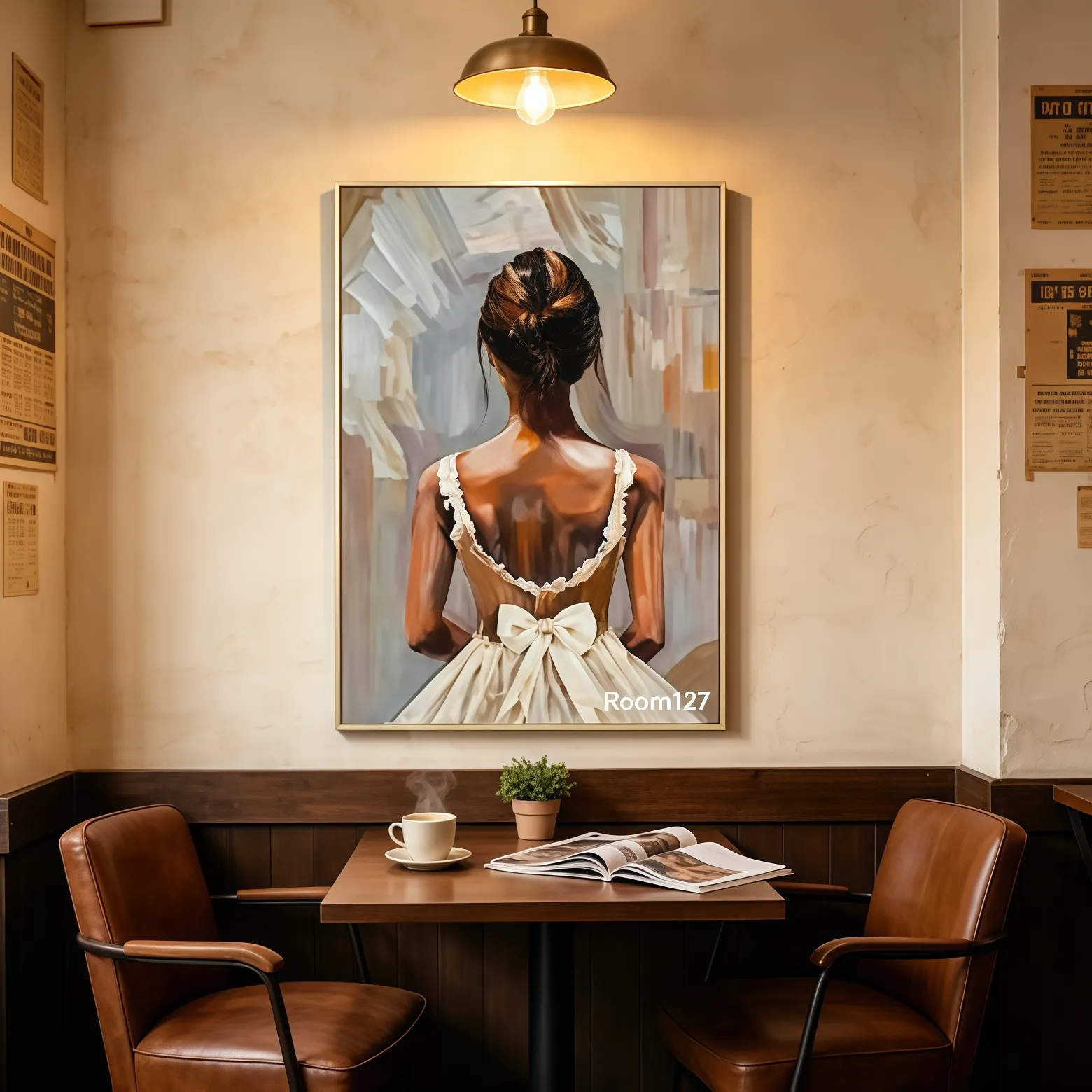 Vintage café interior, ballet figure painting on wall, vintage pendant lamp and leather dining chairs