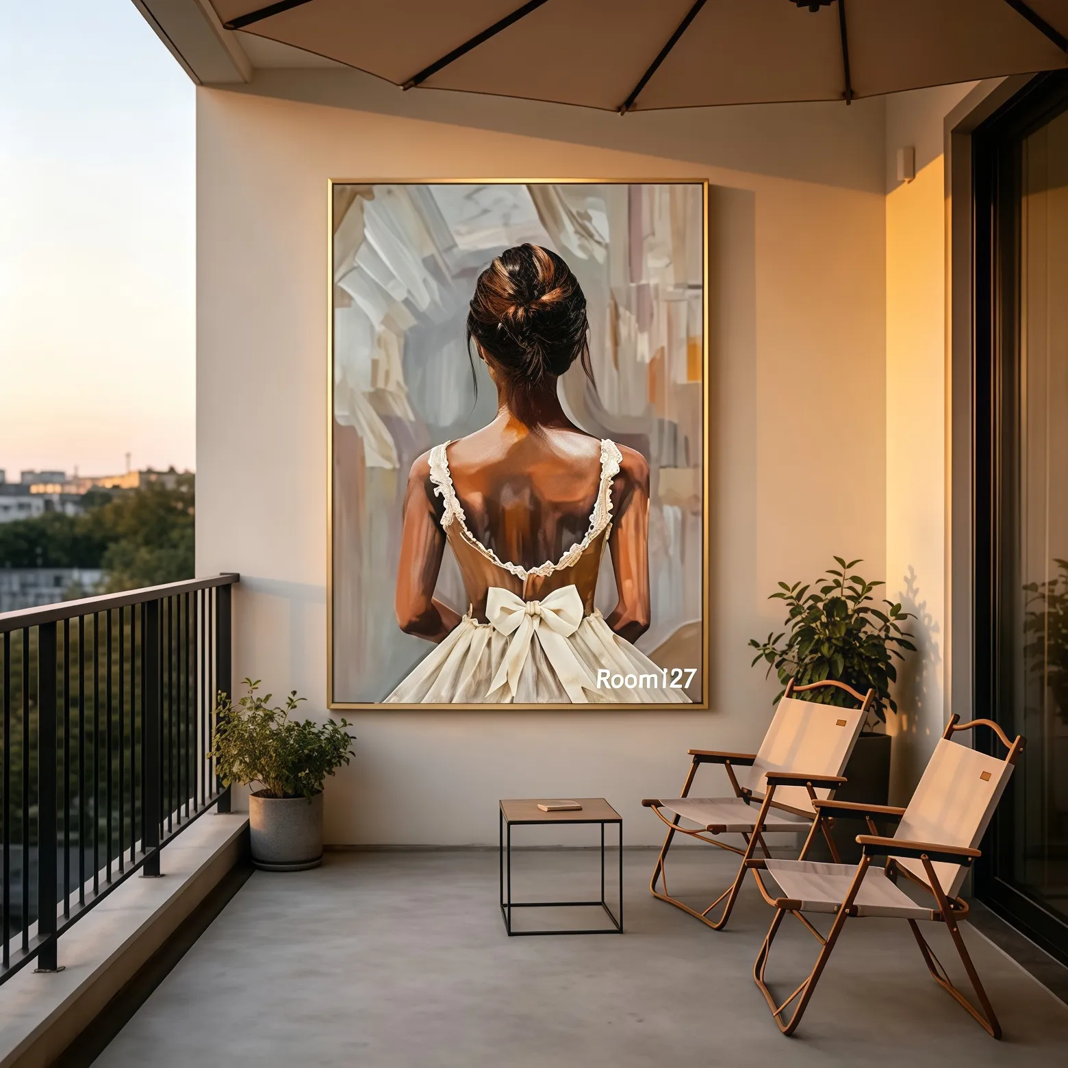 Apartment balcony at sunset, ballet portrait wall art, outdoor folding chairs under warm dusk light