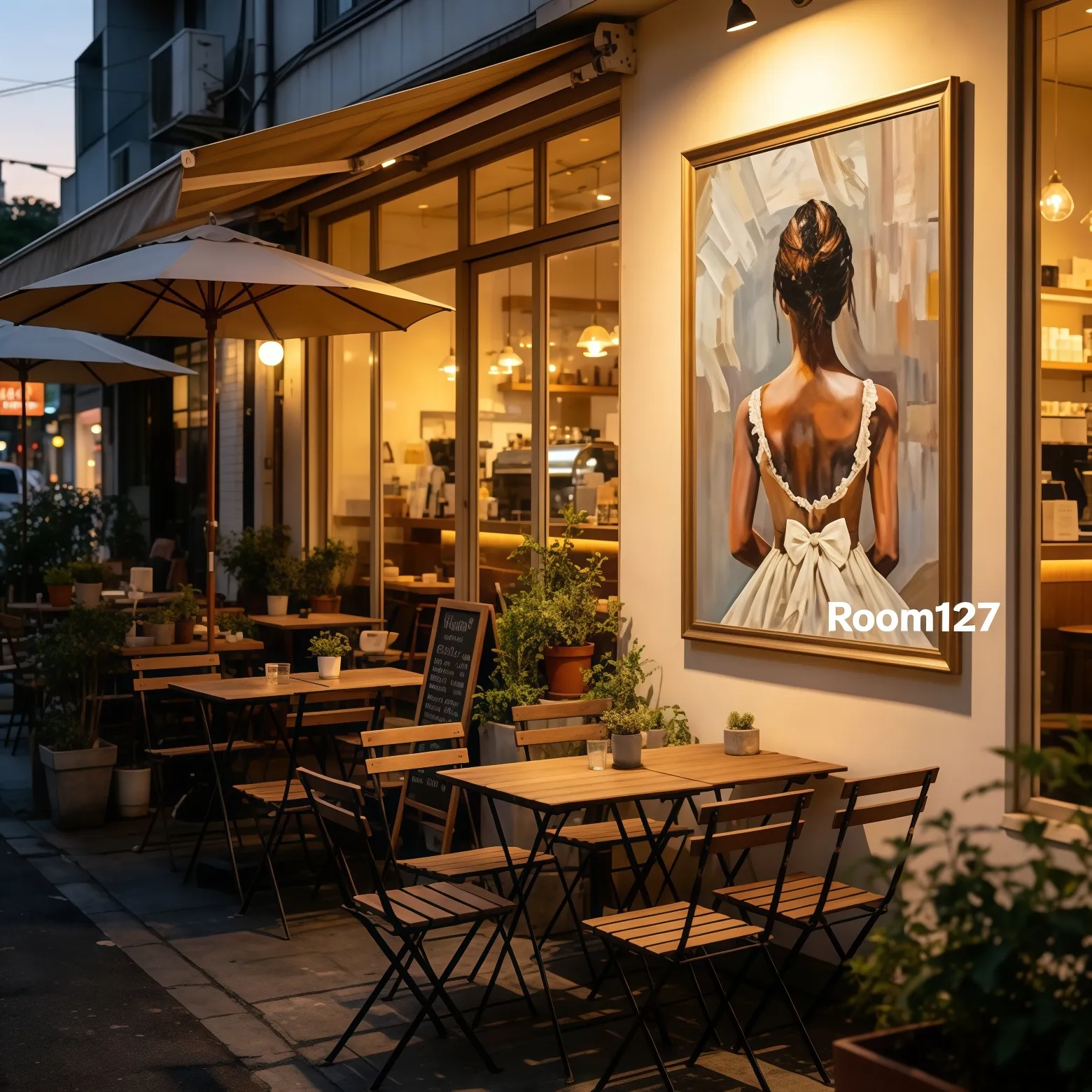 Café outdoor seating area, ballet portrait wall art mounted on store exterior wall, evening street scene