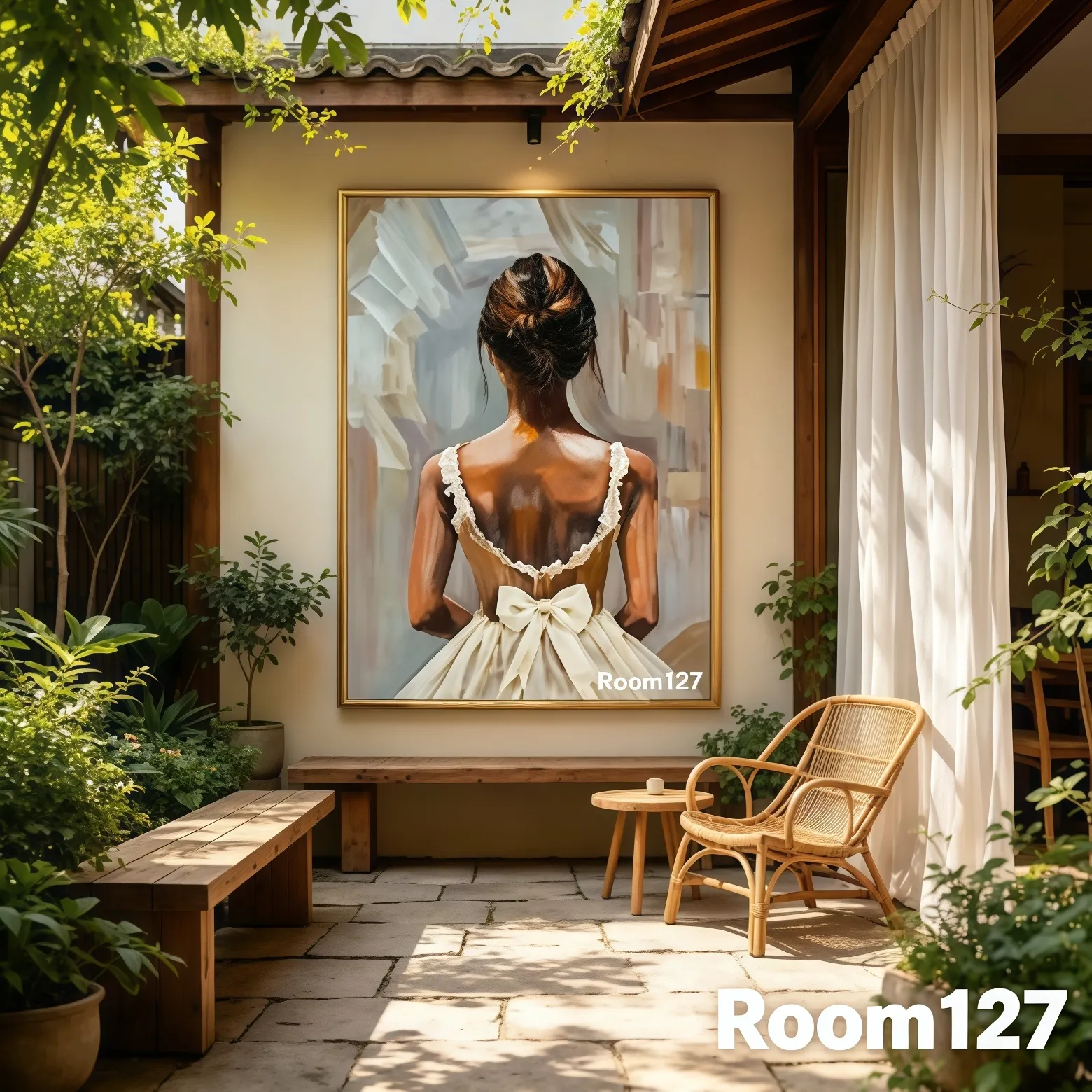 Chinese‑style courtyard patio, ballet painting with gold frame, outdoor wall decor with green plants and rattan furniture