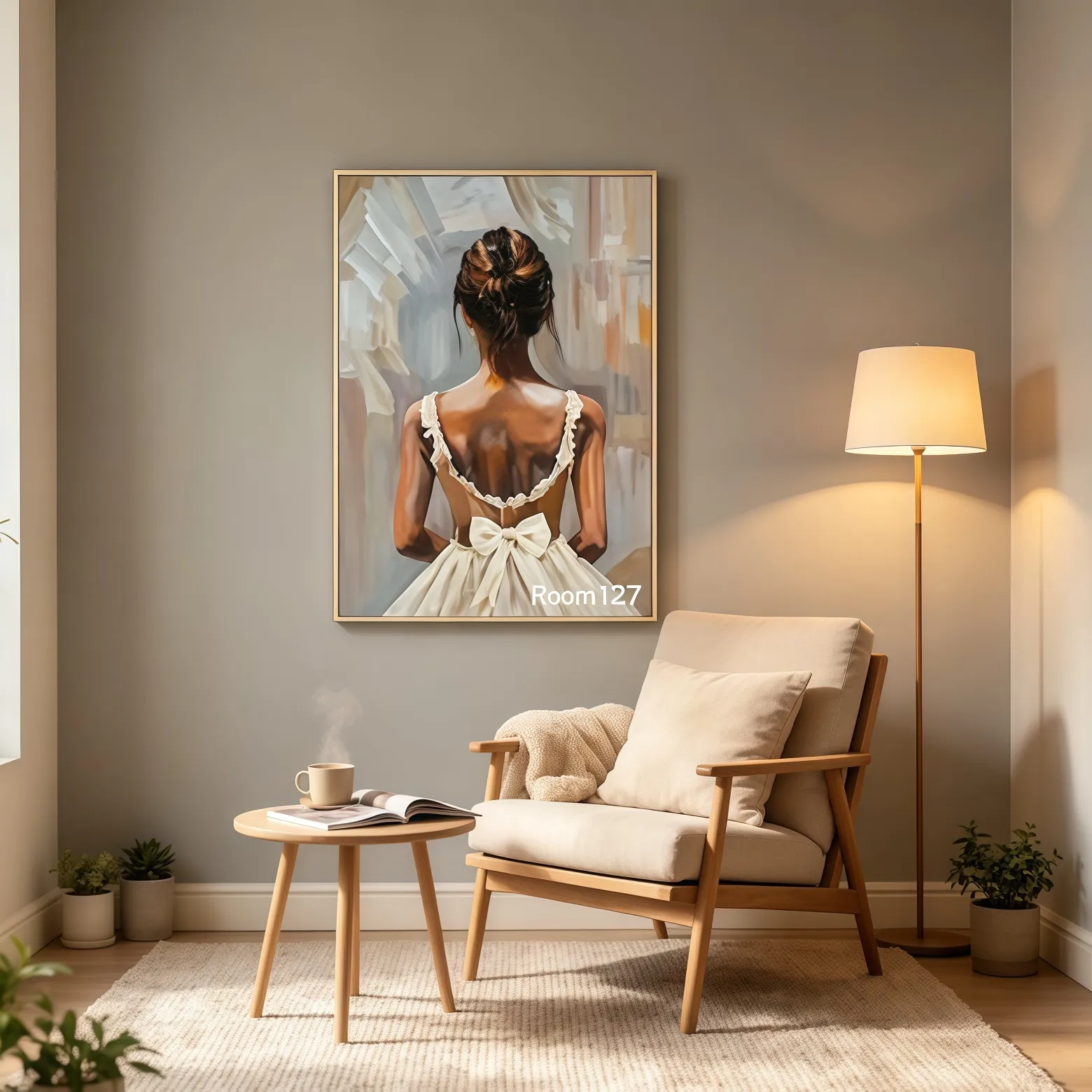 Ballet girl back‑view oil painting, wooden frame, home reading nook interior with armchair and floor lamp