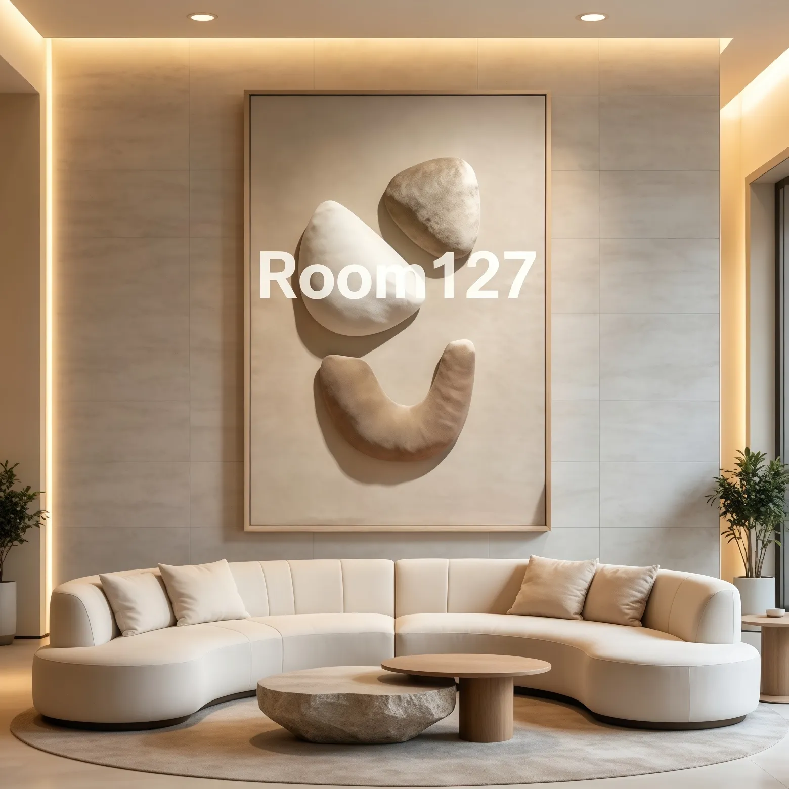 Luxury hotel lobby public area, large 3D texture wall installation with curved sofa, commercial interior project