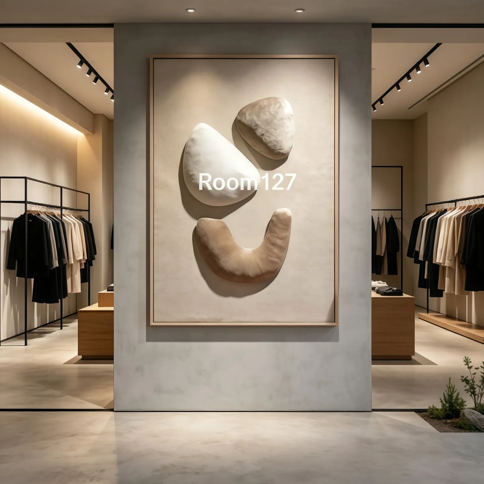 Minimalist retail store wall decor, wooden framed 3D texture wall art, premium commercial interior display