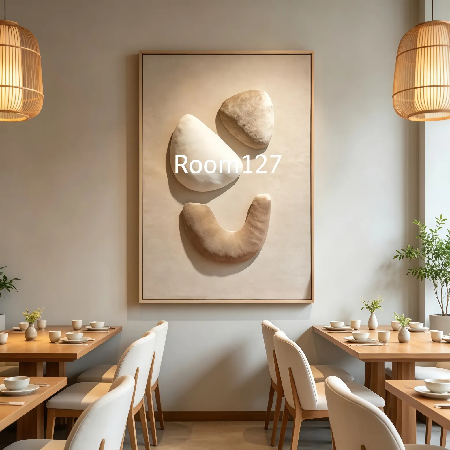 Wood style luxury restaurant interior, soft 3D texture wall installation, natural commercial dining space