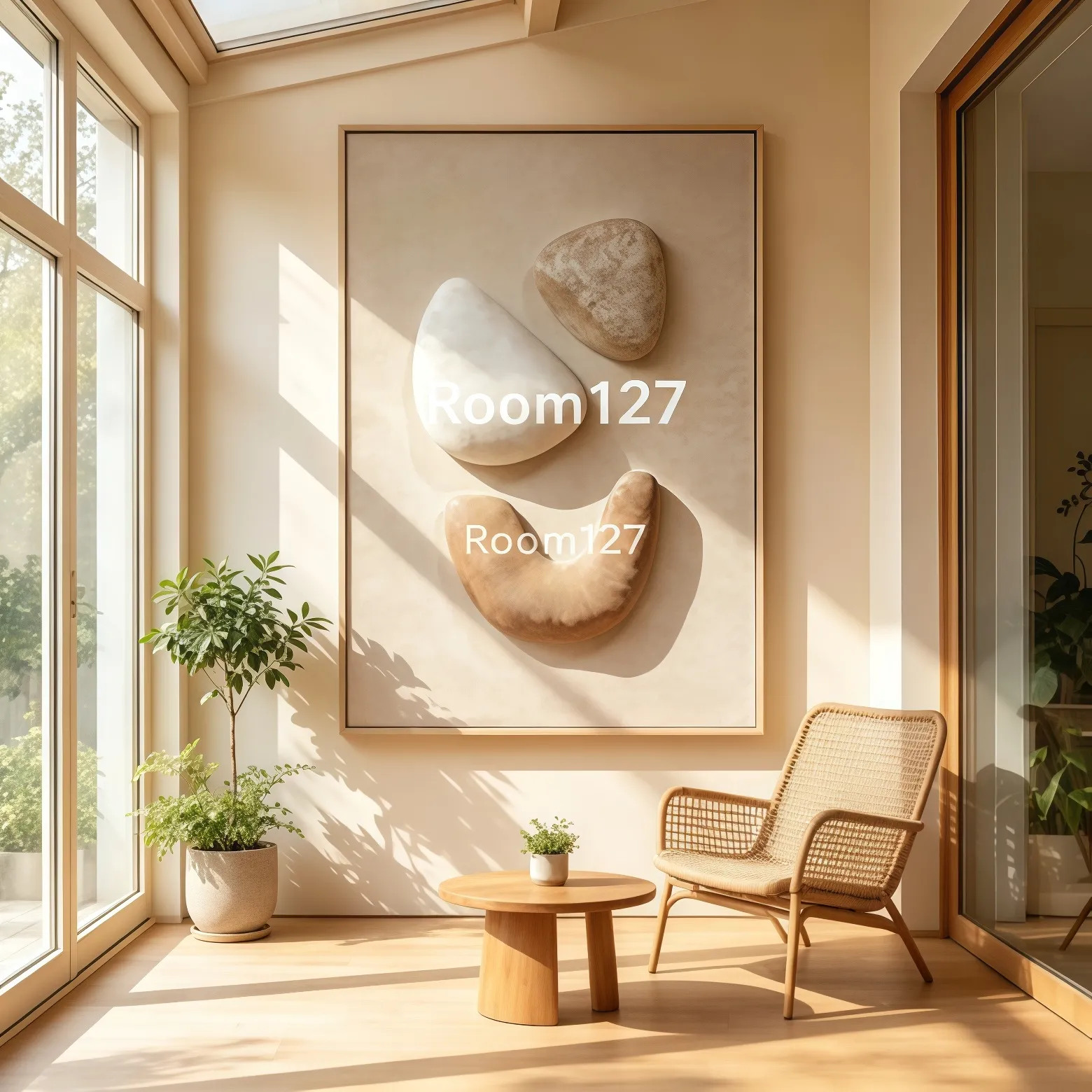 Sunroom lounge corner with 3D texture wall art, rattan furniture, relaxing interior atmosphere