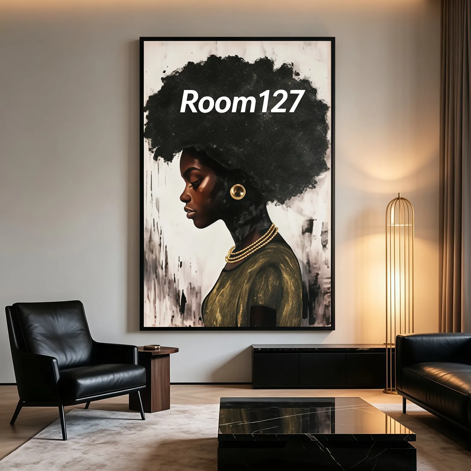 Modern luxury living room, black leather sofa, floor lamp, wall‑mounted hand‑painted impasto portrait oil painting