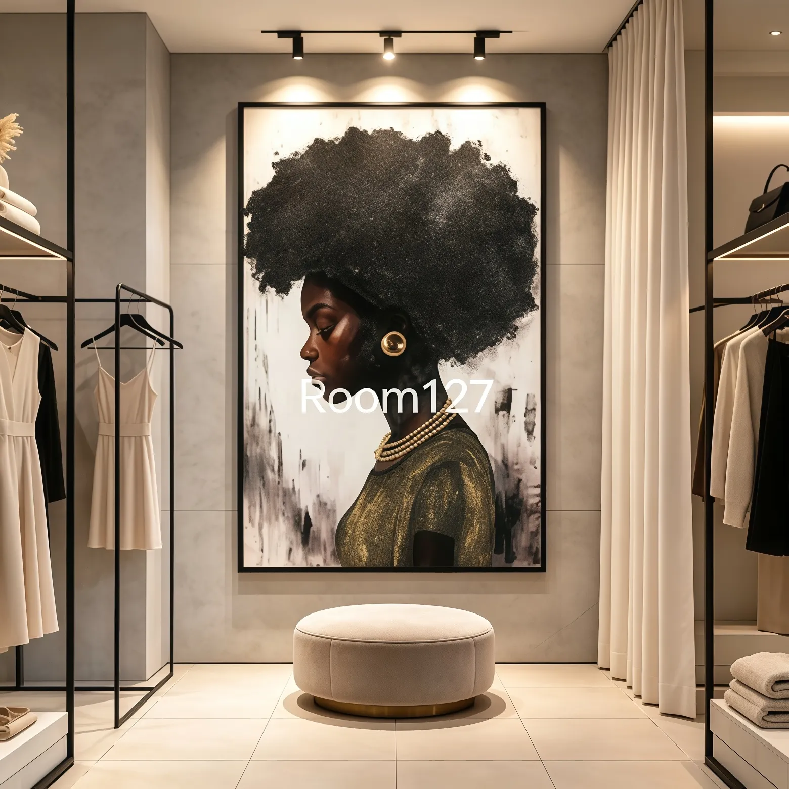 Luxury women’s clothing boutique interior, oversized hand‑painted portrait oil painting, track spotlight lighting, fashion store decor