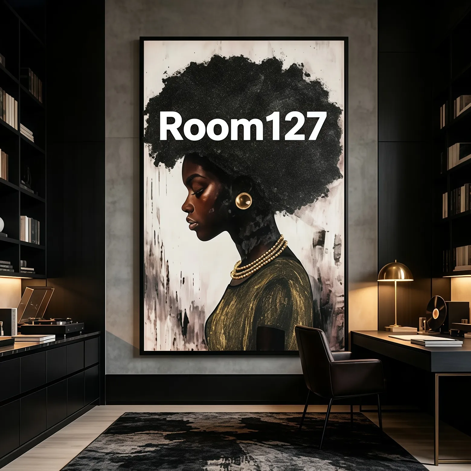 Dark‑toned stylish home office, bookshelf and desk, tall hand‑painted 3D textured portrait oil painting, business study interior