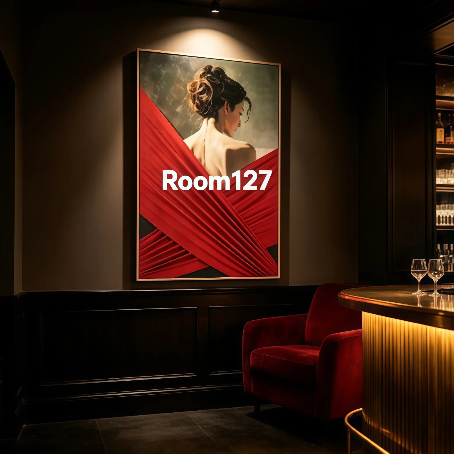 Luxury whiskey bar interior, 3D fabric‑layer figure wall art with red satin, thin gold frame, dark wood panel wall, red velvet armchair, wine glasses on bar counter, commercial wall decor