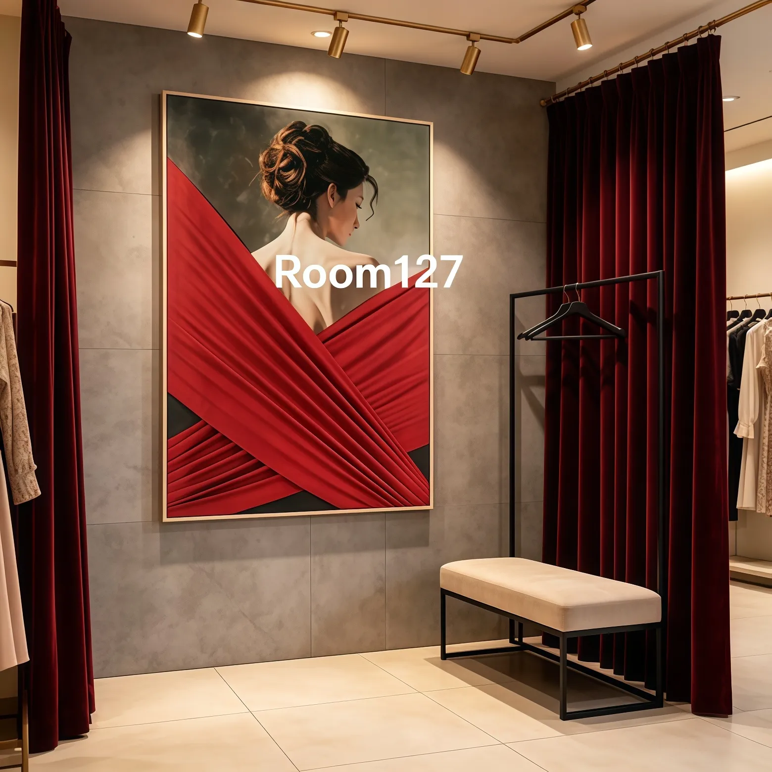 Boutique clothing store interior, grey tile wall, 3D red‑satin figure wall hanging, burgundy velvet curtain, metal clothing rack, retail shop wall decor