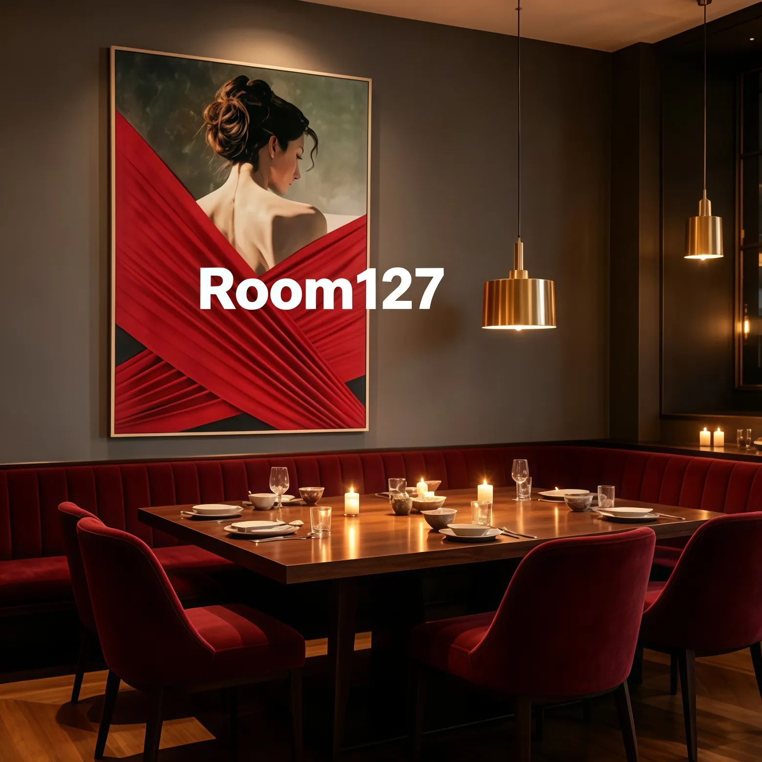 Upscale restaurant private dining room, 3D red satin figure wall art, brass pendant lamps, velvet dining chairs, wooden dinner table with candle decor, hospitality interior