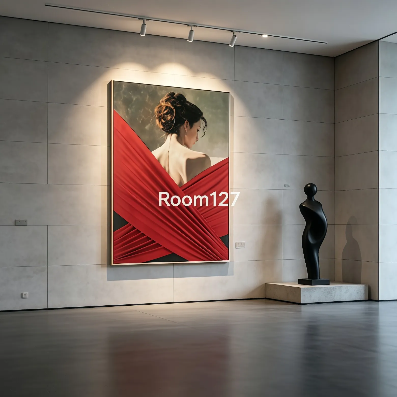 Modern art gallery space, oversized 3D red‑satin figure wall art, track spotlights, black abstract sculpture, minimalist tile gallery interior