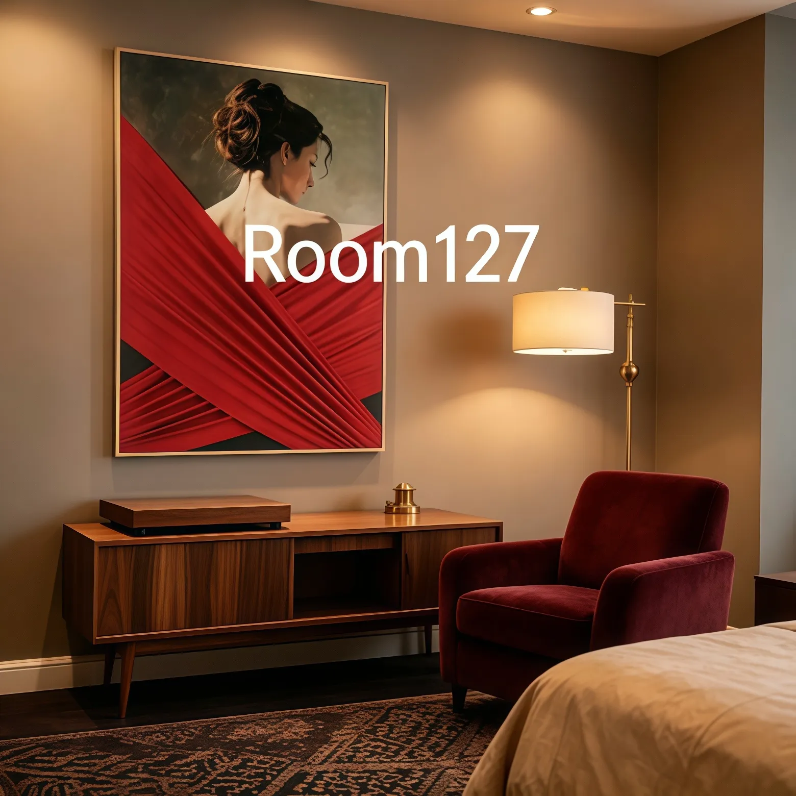 Retro‑luxury bedroom interior, 3D red‑satin figure wall art, wooden sideboard, brass floor lamp, velvet accent chair, residential bedroom wall decor